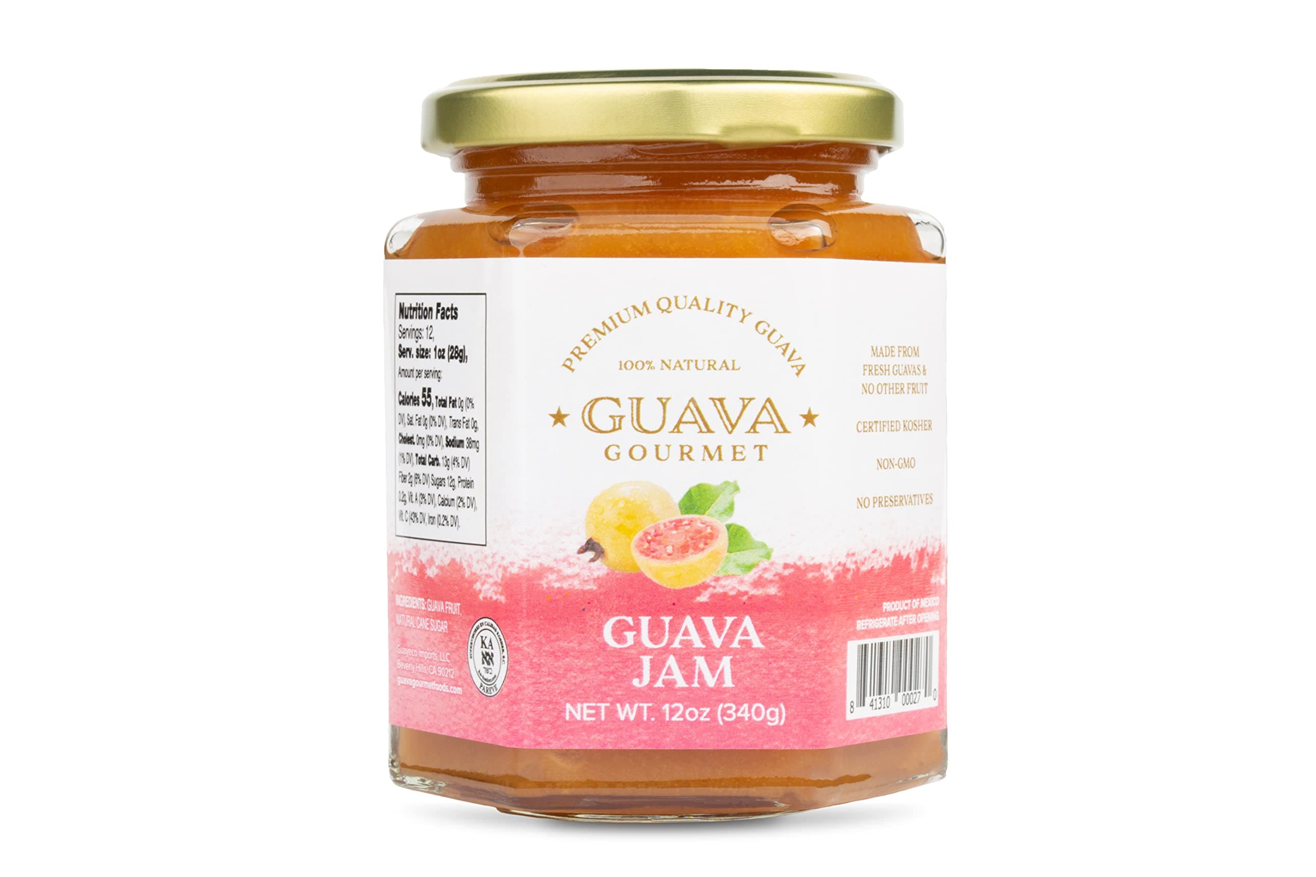 Guava Jam (12oz, Jar), Fresh Tropical Guava Fruit Jam, All-Natural, Non-GMO, Vegan, Gluten and Cholesterol-Free Premium Artisan Craft Jam, No Fillers or Preservatives, Certified Kosher