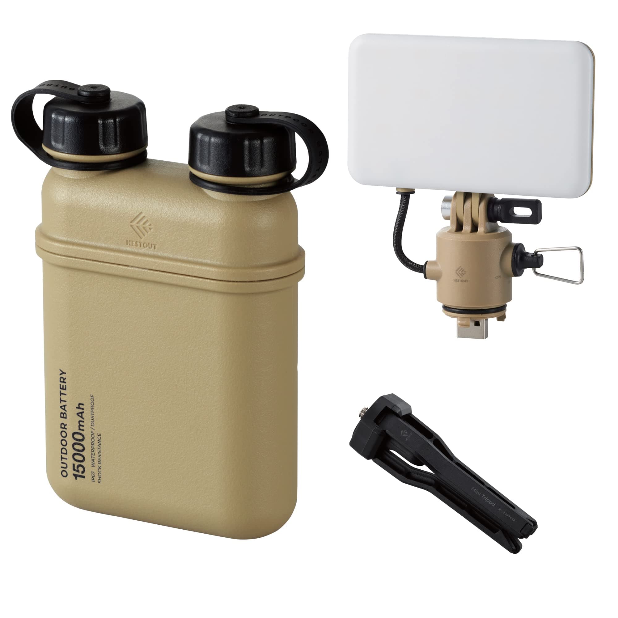 ELECOM NESTOUT Portable Charger and LED Flash Light, 15000mAh Outdoor Battery Power Bank, 32W USB-C Fast Charging PD, Battery and Light for Camping, 1000 Lumen LED Bright Light Flash-1 - Beige