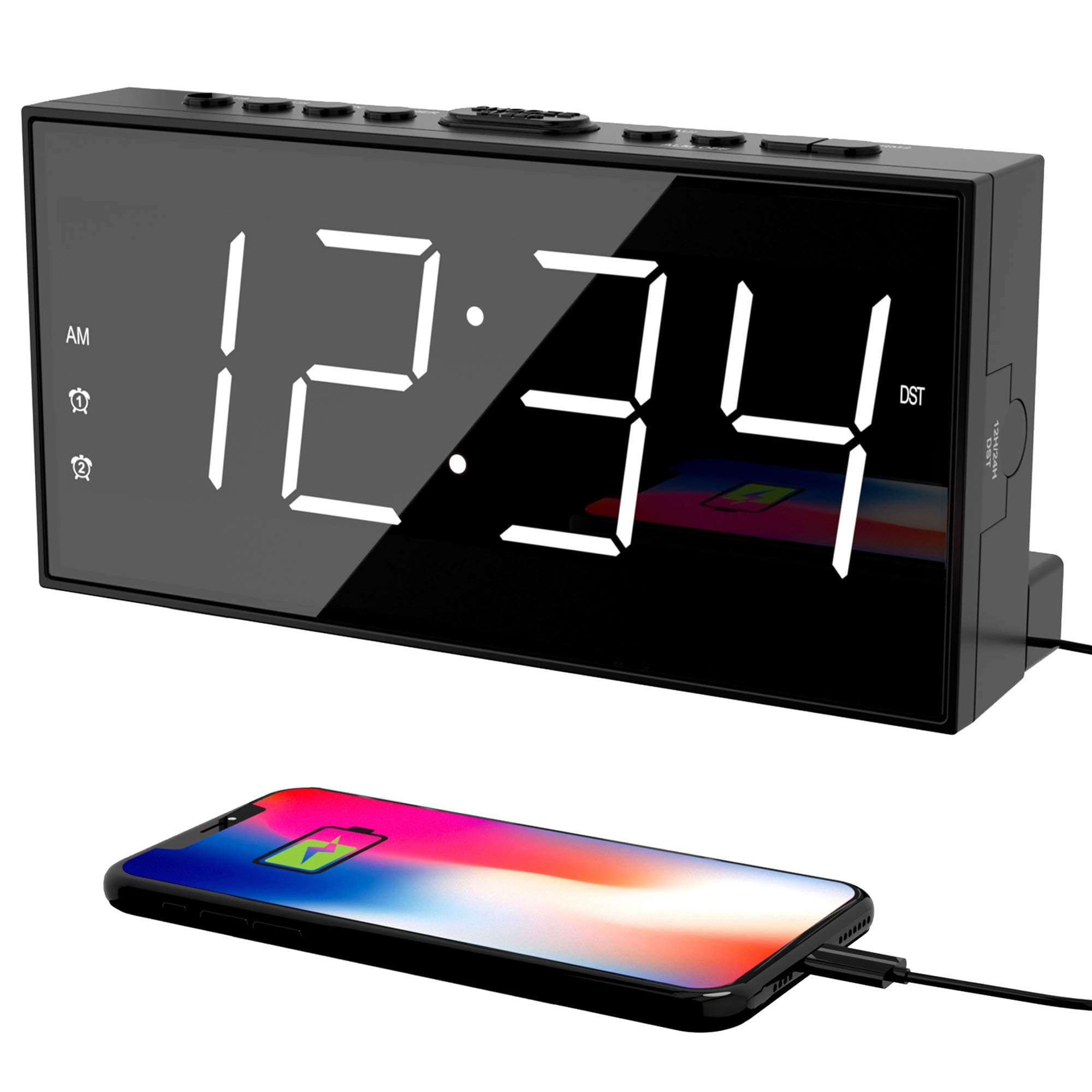 PPLEE Alarm Clock for Bedroom, 2 Alarms Loud LED Big Display Plug in Simple Basic Digital Clock with USB Charging Port, Adjustable Volume, Dimmable, Snooze for Deep Sleepers Kids Elderly Home Office
