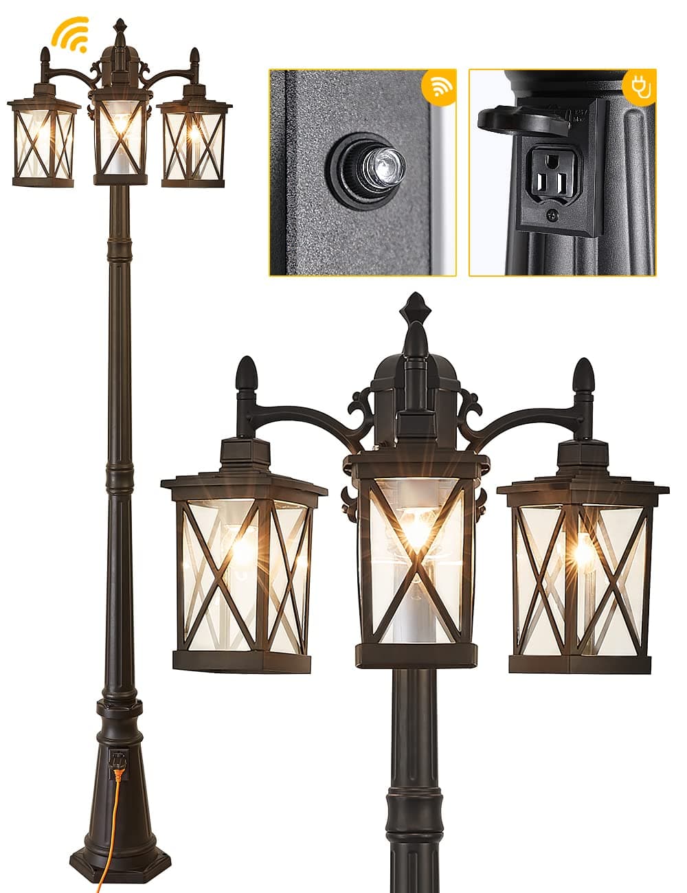 Modern Outdoor Street Light 82.7" H Dusk to Dawn 3-Head Post Lights Outside with Outlet Waterproof Outdoor Lamp Post Lights Street Lantern 3 Light in Black for Exterior Yard
