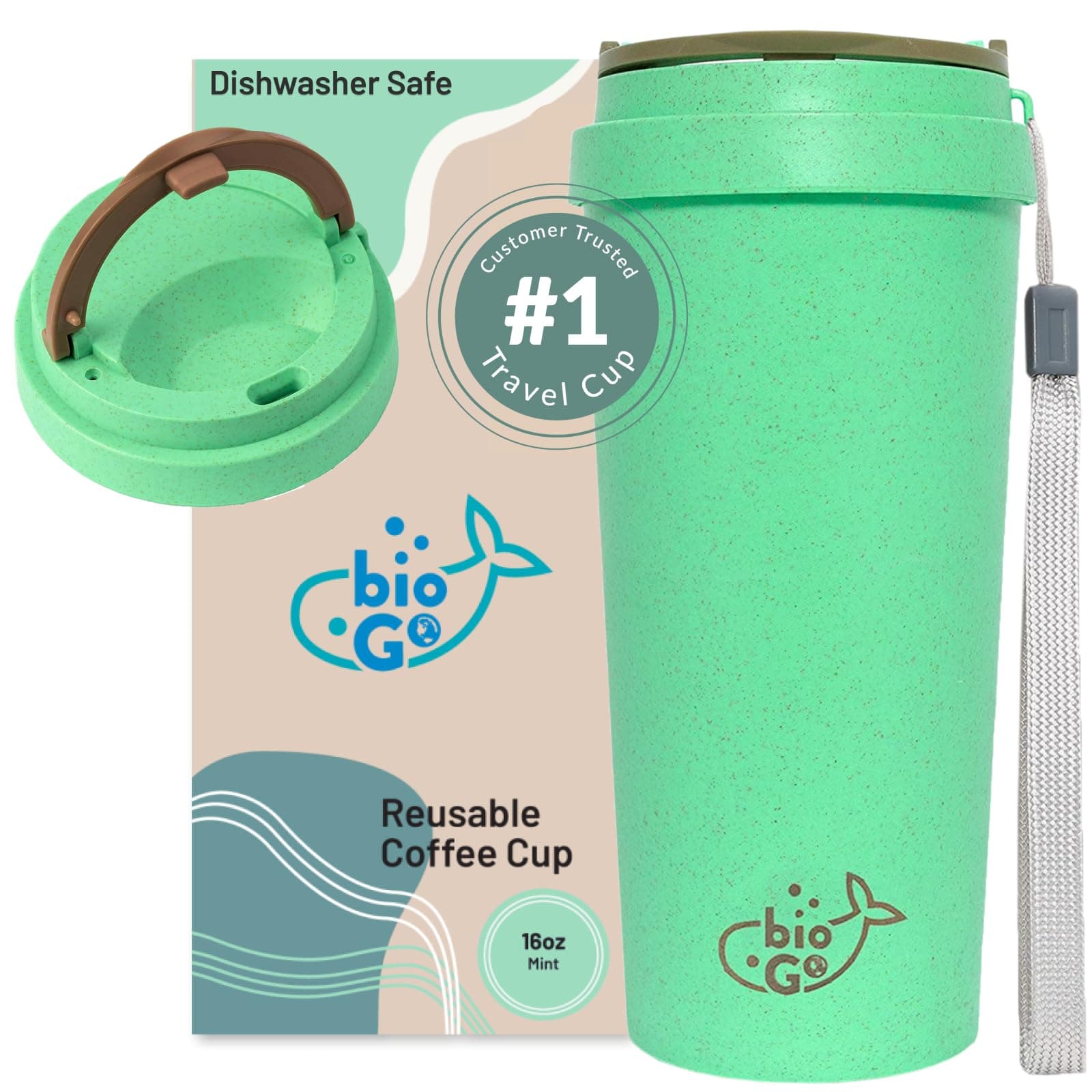 bioGo 450ml Mint Travel Coffee Cup - Reusable Mug With Lid for Hot Drinks - Coffee Tumbler/Travel Cup With Lids