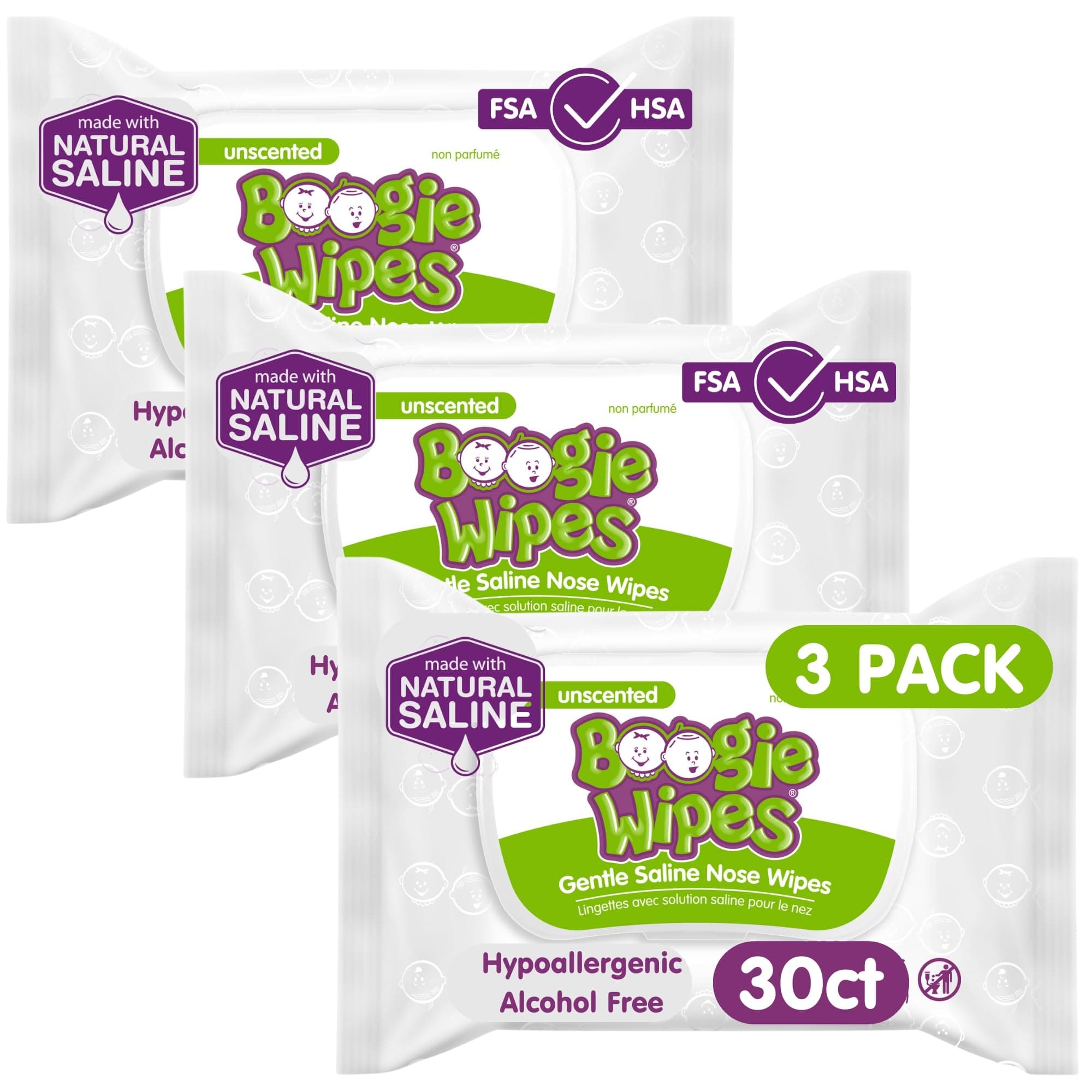 Saline Nose Wipes by Boogie, for Baby & Kids, Face, Hand & Body, Made with Vitamin E, Aloe, and Natural Saline, Unscented, 30 Count (Pack of 3)