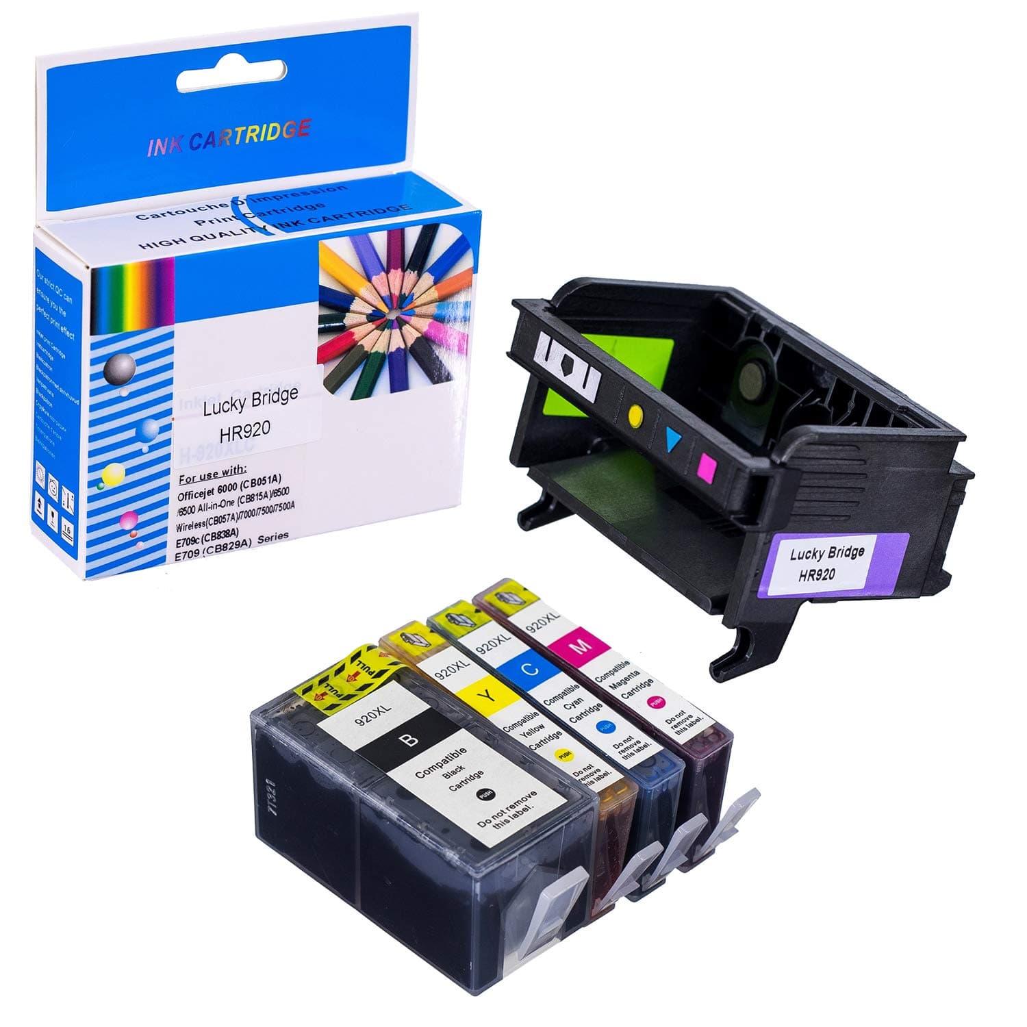 LKB Remanufactured 1 PK HR920 Printhead and 1 Set of Ink Cartridge Replacement for HP6000 6500 6500A 7000 7500A Printers(Printhead and Cartridge)-USA