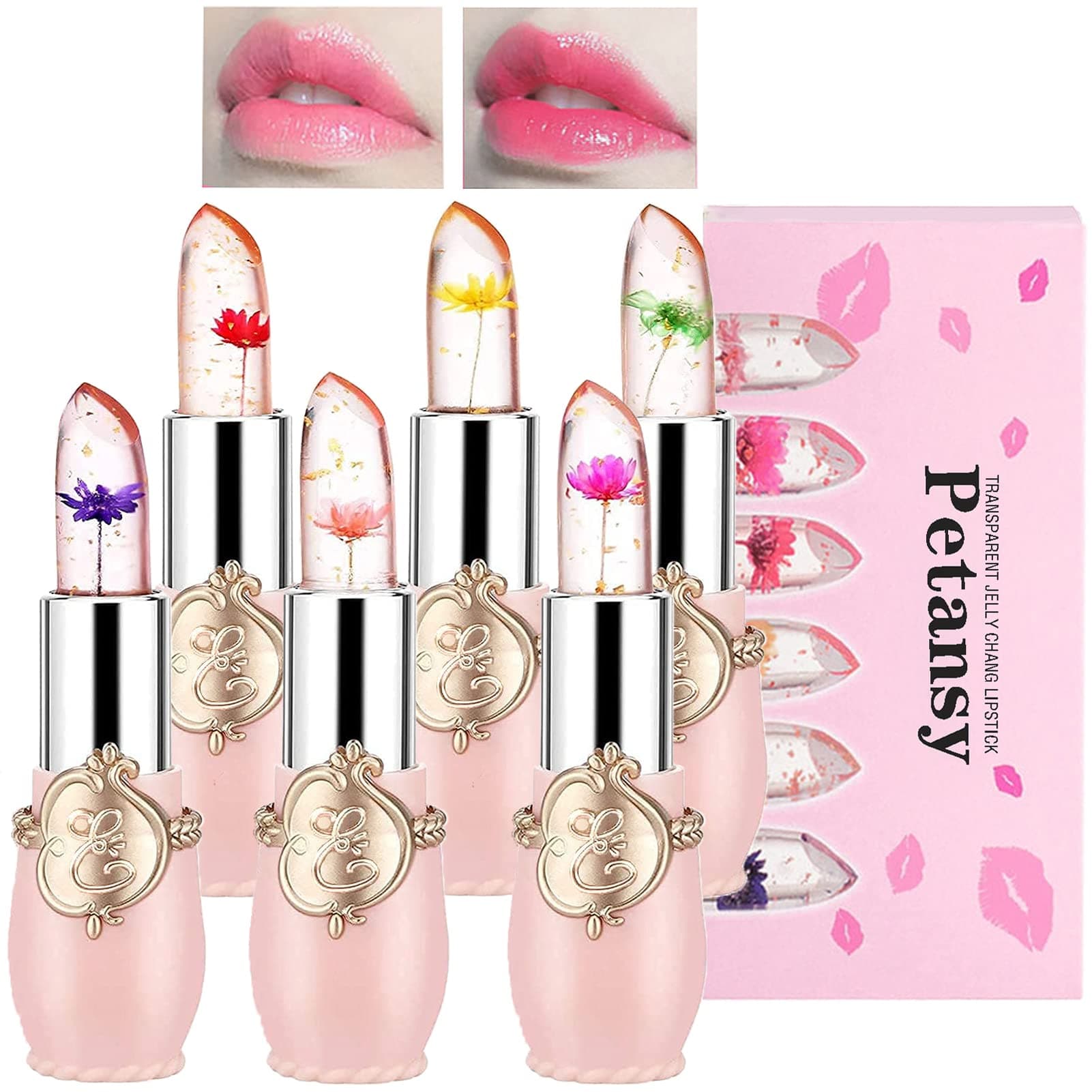 Petansy 6 Pack Crystal Jelly Flower Lipstick Set Nutritious Temperature Change Lip Balm Long Lasting Moisturizer Lip Gloss Magic Color Change Lip Stick Set