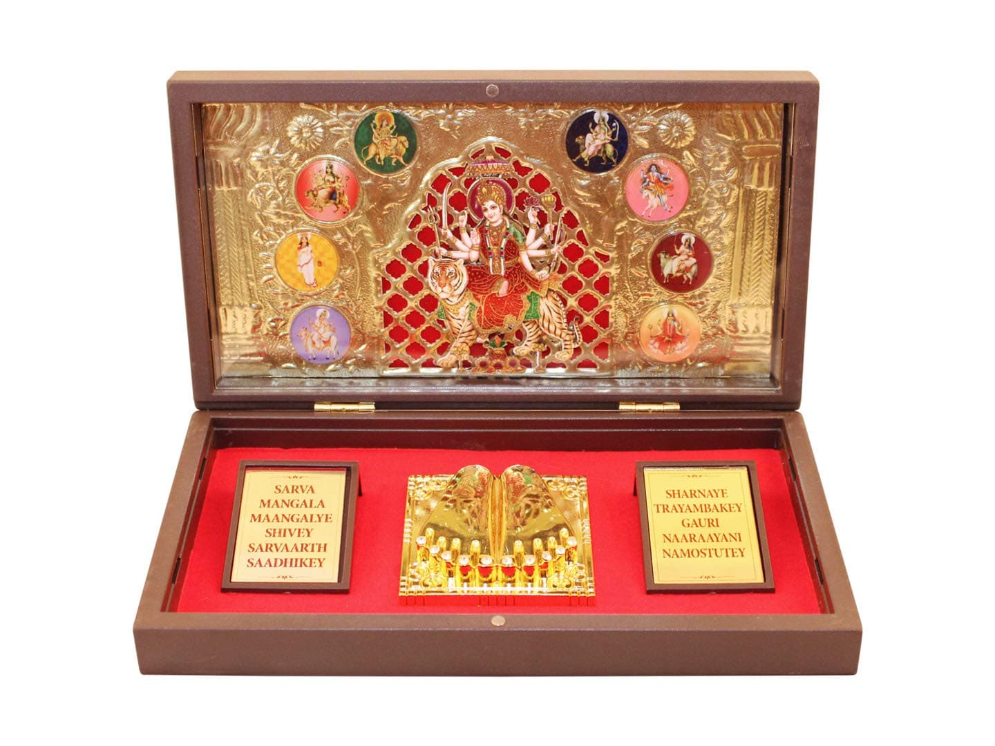 GoldGiftIdeas 24K Gold Plated NavDurga Photo Frame with Charan Paduka Box for Home, Durga Maa Wooden Momento Gift (Devi Mantra), Return Gift for Pooja, Religious Frame for Worship