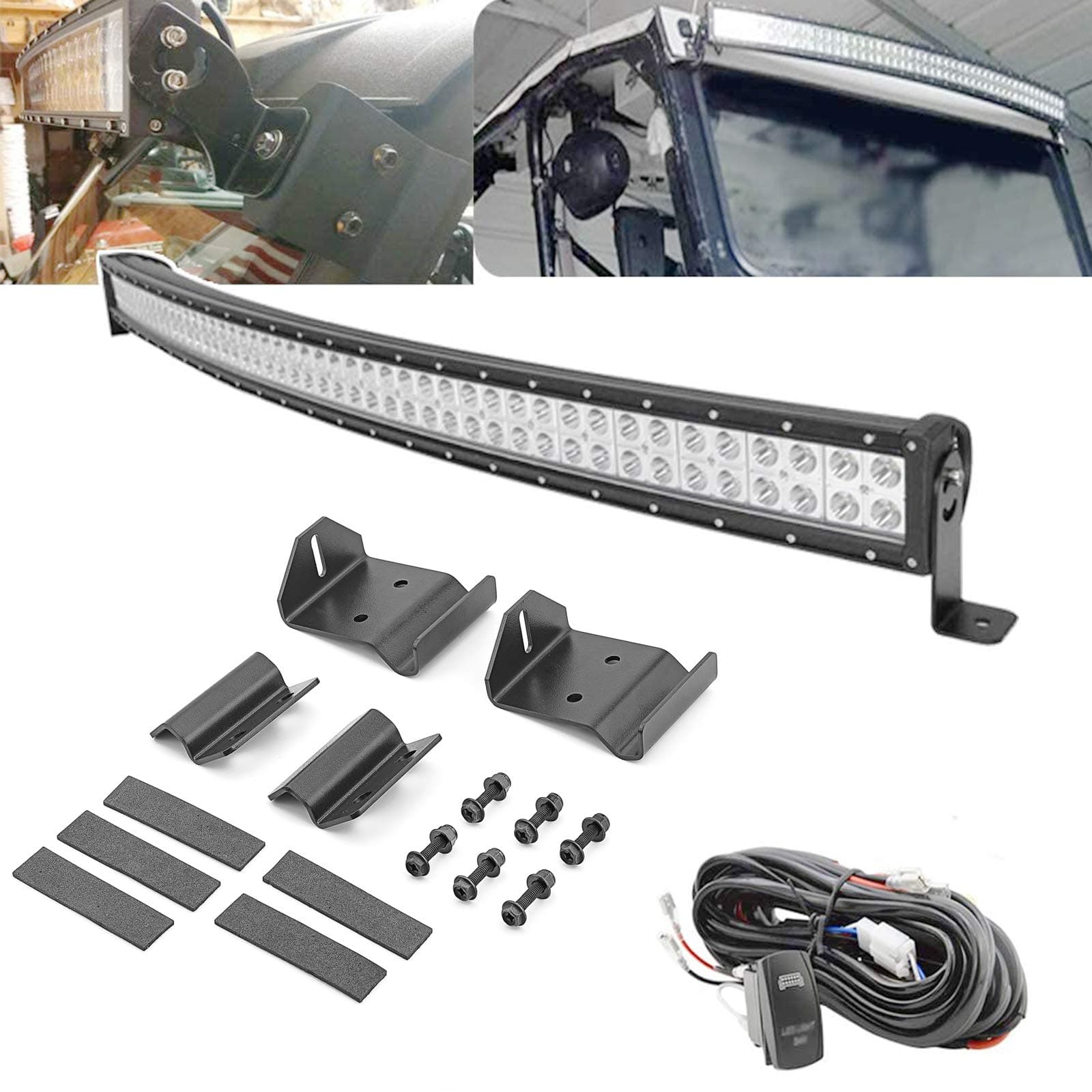 50'' 288W LED Curved Light Bar Spot/Flood Combo Beam w/Wiring Kit & Upper Roof Windshield Pro-fit Cage Mounting Brackets Compatible with Polaris Ranger 570 900 1000 2013-2024