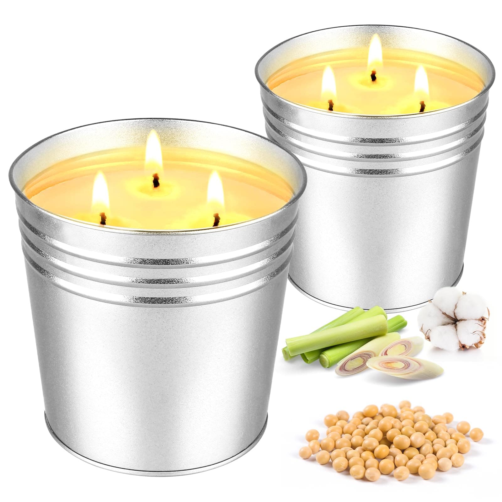 Citronella Candles Outdoor Large - 2x15oz 3-Wick Bucket Candle for Home Patio, Summer Camping, Natural Soy Wax Lemongrass for Outside Garden, Balcony