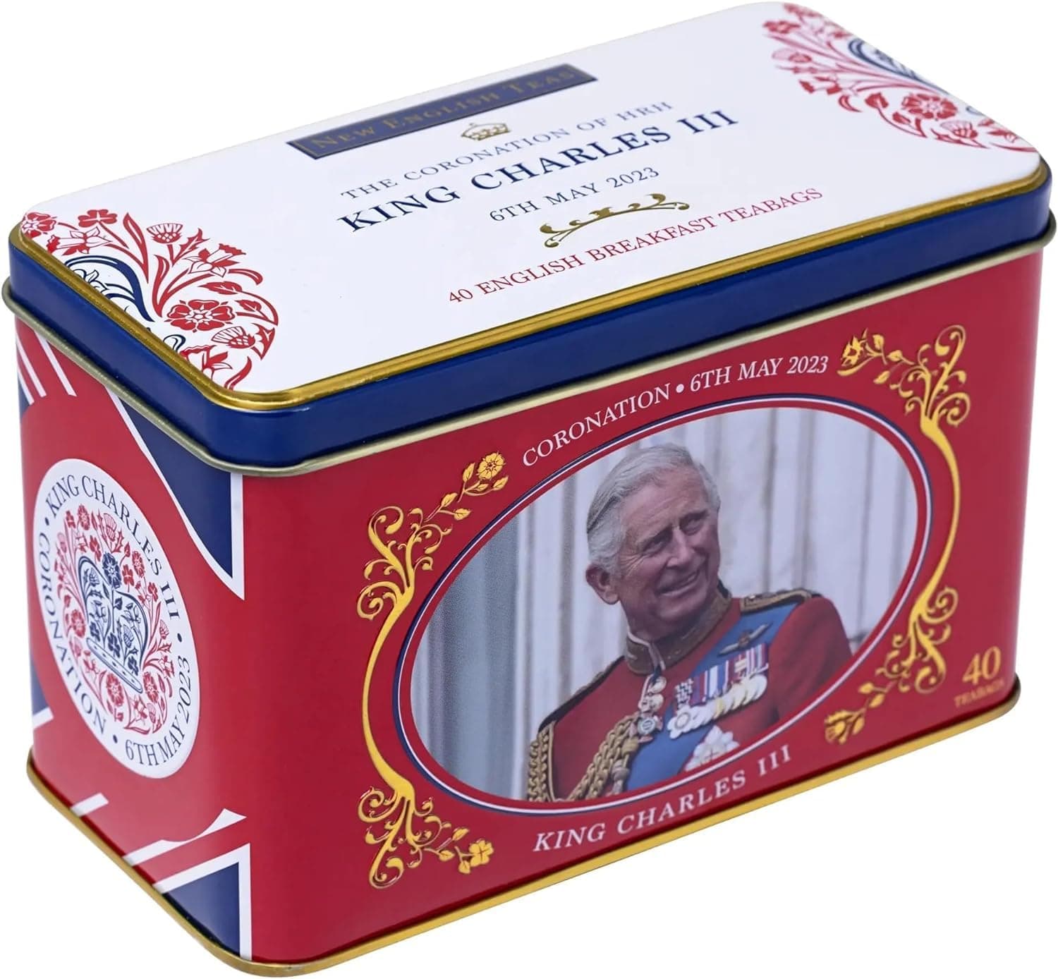 New English Teas The Coronation of HRH King Charles III Tea Tin with 40 English Breakfast Teabags