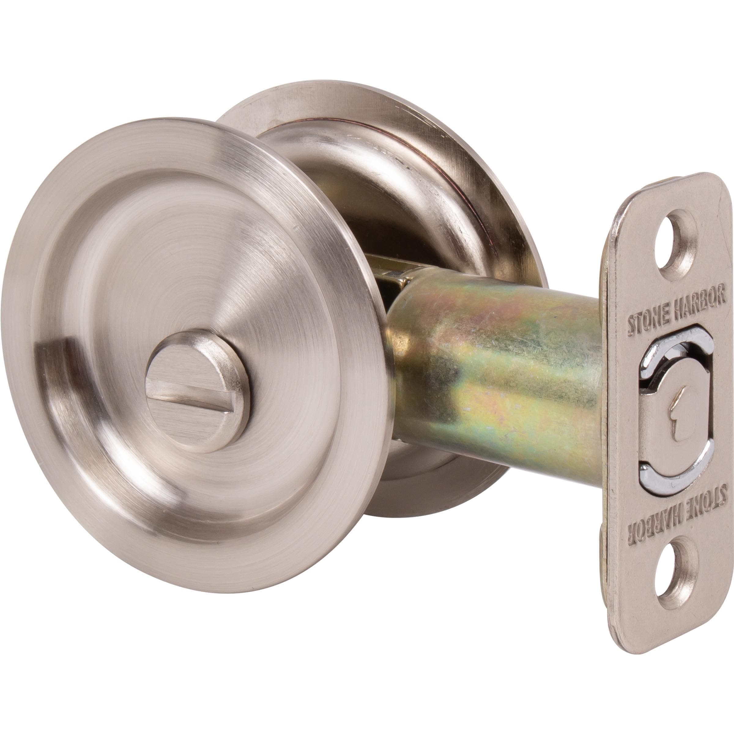 Round Pocket Door Lock, Privacy (Bed/Bath) Latch, 2-3/8" Backset, RCL, Satin Nickel by Stone Harbor Hardware