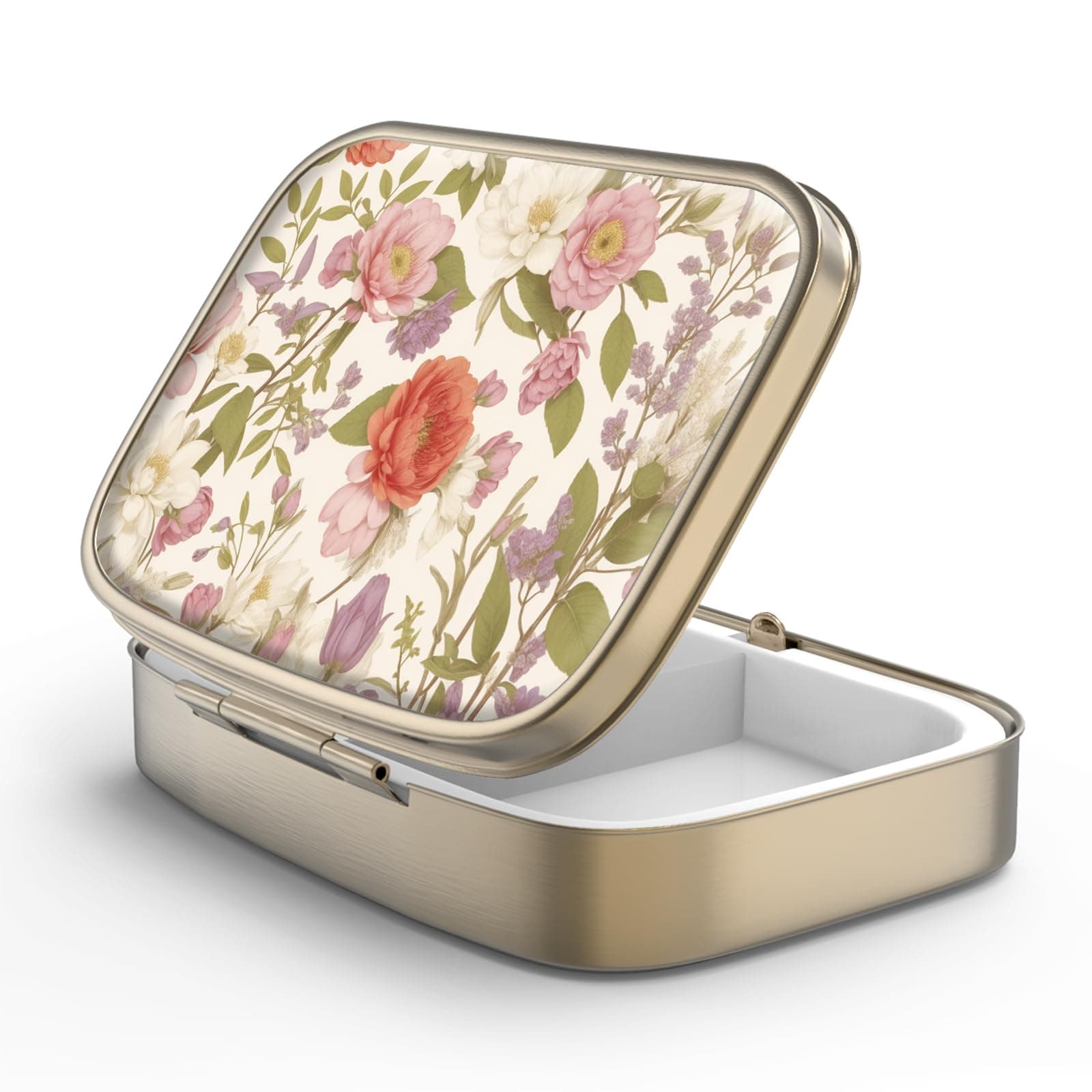 Pill Case Pill Box with Mirror Retro 2 Compartment Small Pill Case for Purse or Pocket Bronze Rectangular Pill Box or Vitamins, Fish Oil, Supplements, Pill Containe Travel Gifts?Retro Red Flowers?