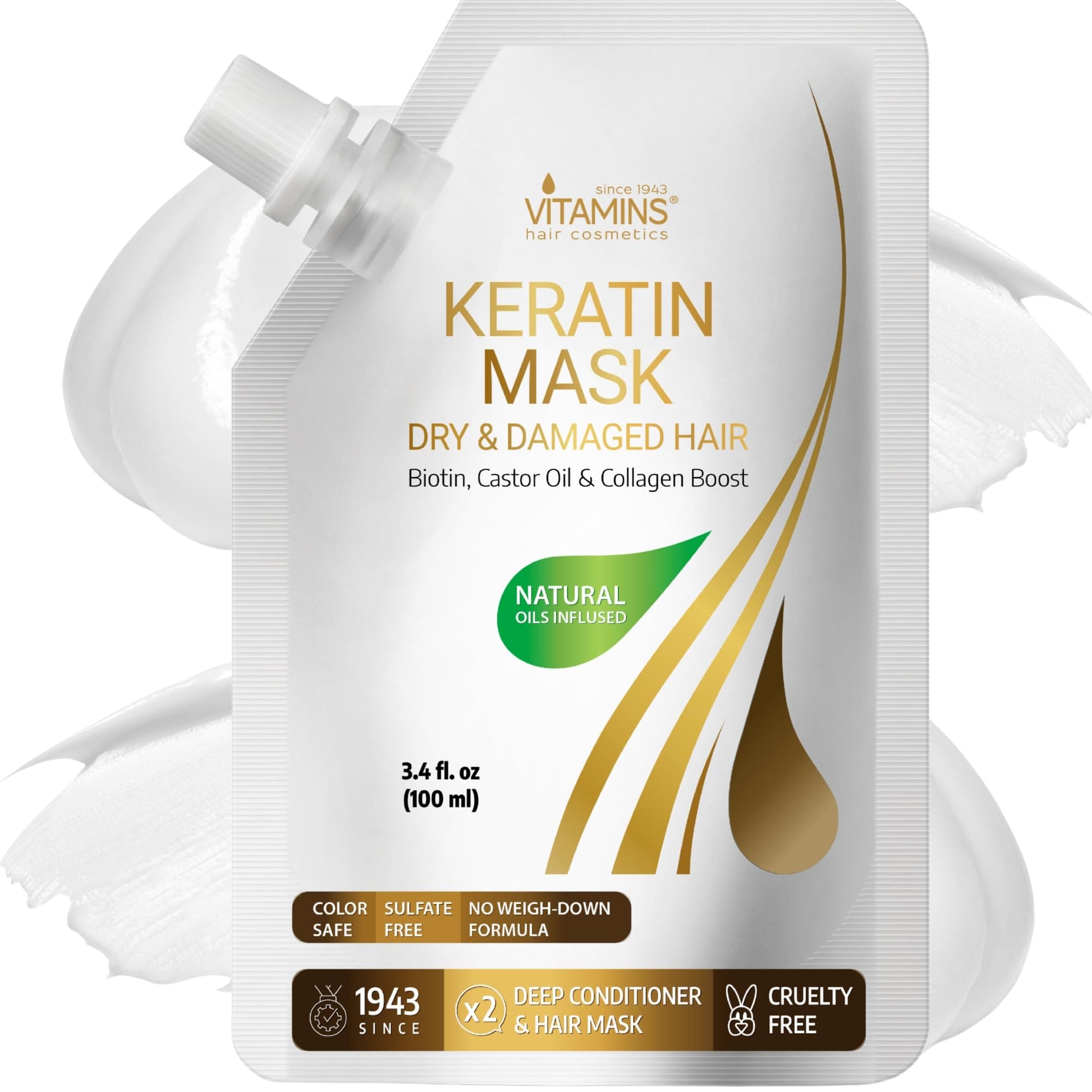 VITAMINS Hair Cosmetics Keratin Hair Mask for Damaged Hair - Protein Keratin Treatment Deep Conditioner for Dry Locks - Collagen Biotin & Castor Oil Repair Dryness & Enhance Shine - 100 ML