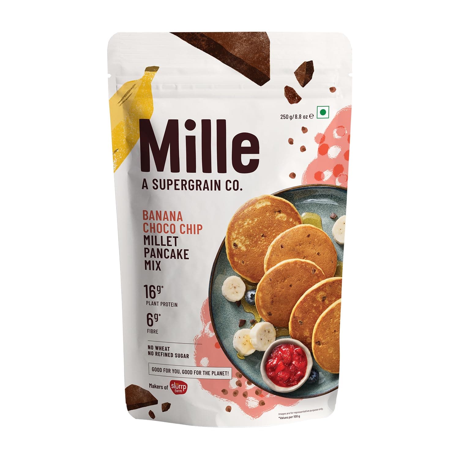 Millé Banana Choco-Chip 16g Plant Protein Pancake Mix | High Protein Breakfast | High Fibre | Vegetarian, Low Carb & Low Calorie | No Refined Flour, No Refined Sugar, Low GI Millet Grain | 250 grams