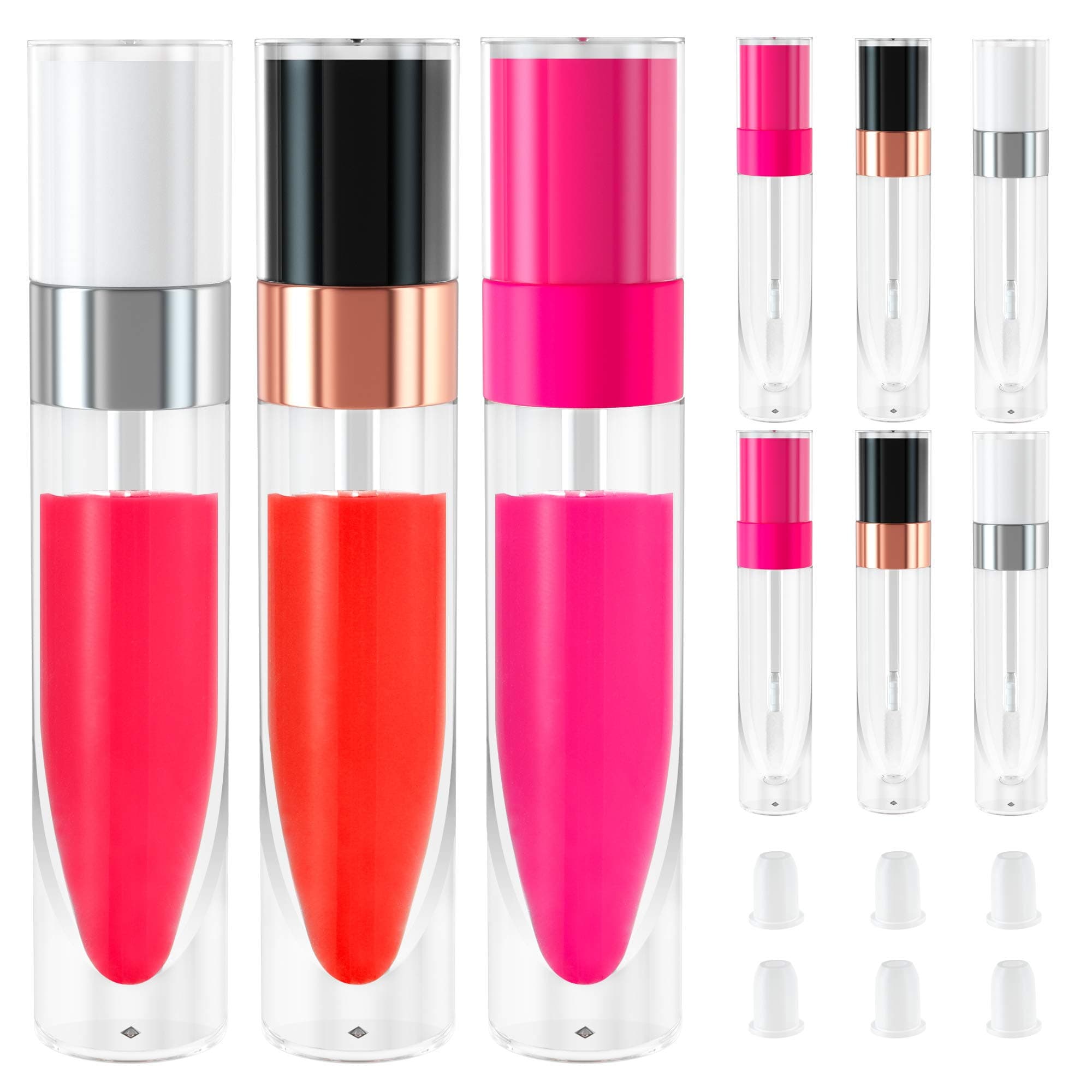 RONRONS 6.4ml/0.22oz Empty Lip Gloss Bottles Tube, 12 Pieces Refillable Lip Glaze Bottle with Wand Tip, Mini Lip Oil Samples Vials Container for Travel Split Charging DIY Makeup, (Rose, White, Black)