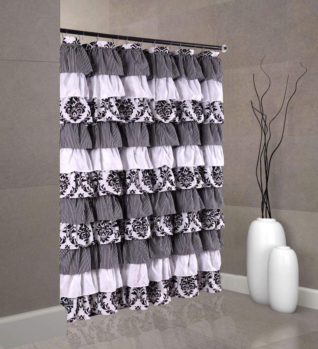 Royale Damask Ruffled Multi-Color Fabric Shower Curtain Size 72 x 72 inch