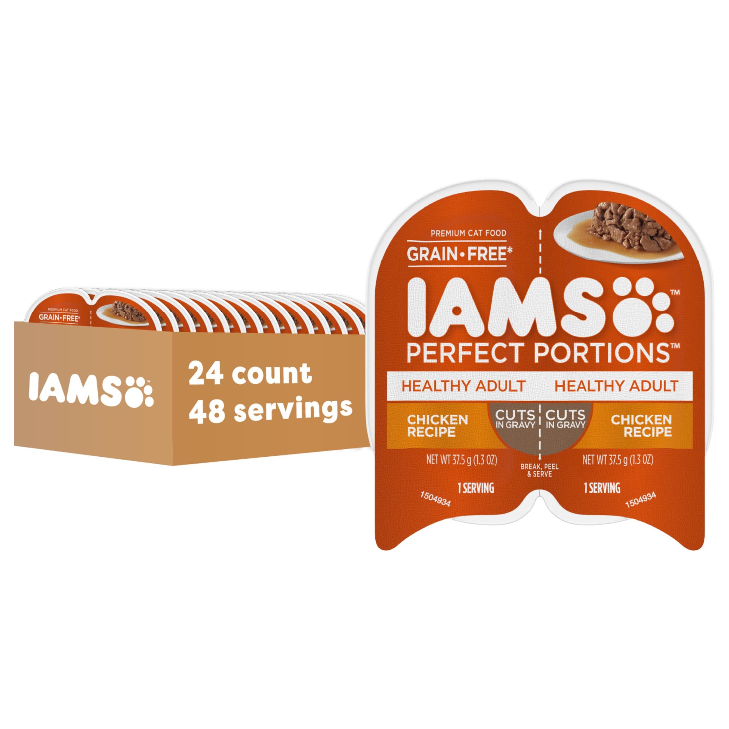 - IAMS Perfect Portions Grain Free Wet Cat Food, Healthy Adult Cat Food Wet, Chicken Recipe Cuts in Gravy, (24) 2.6 oz. Twin-Pack Trays