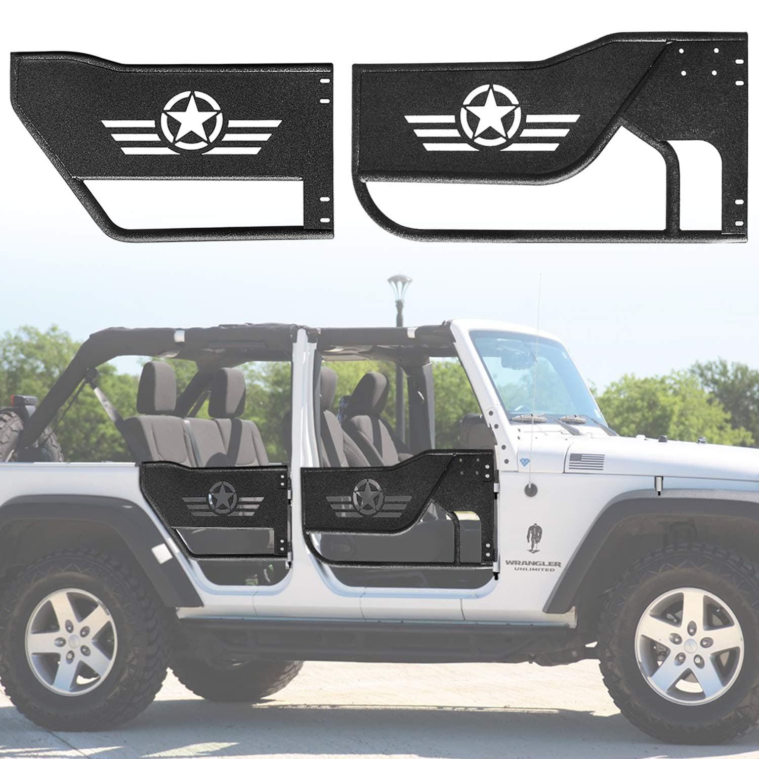 Matte Off Road Front & Rear Tubular Doors Compatible for Wrangler JK Unlimited 4 Doors 2007~2018, Textured Black & Five Star Logo