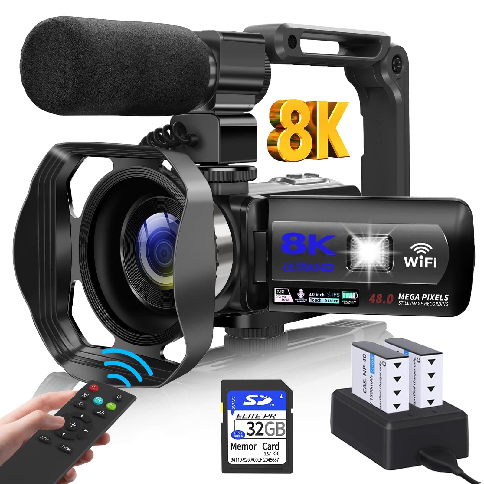8K Video Camera Camcorder 48MP Vlogging Camera for YouTube, 18X Digital Zoom 3 Inch Touchscreen with WiFi, External Microphone, Fill Light, Remote Control, 32GB SD Card & 2 Batteries