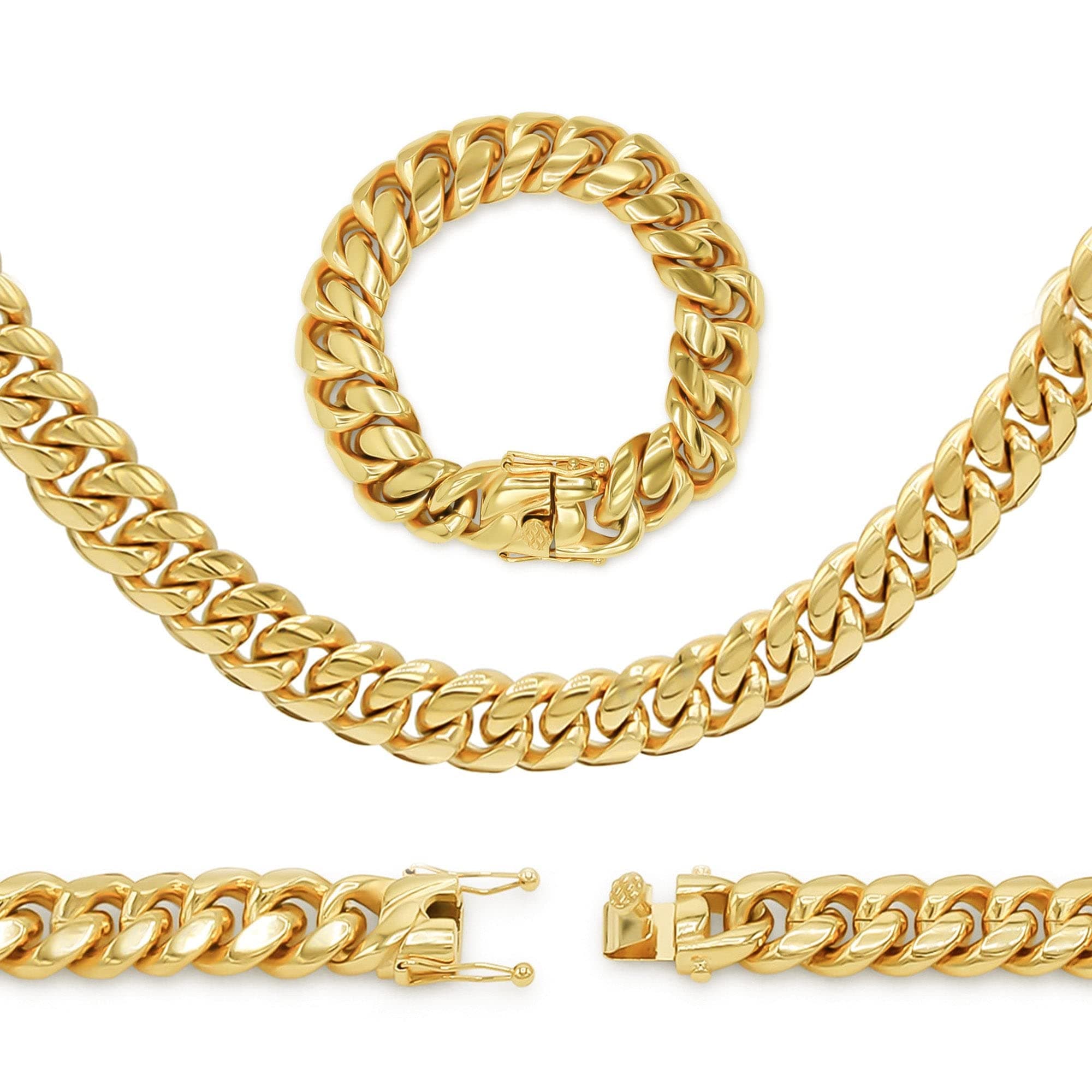 BEBERLINI Cuban Link Chain 14K Gold Plated Curb Necklace 30" Bracelet 8.5" 9" Stainless Steel Fashion Jewelry for Men 5 mm - 18 mm
