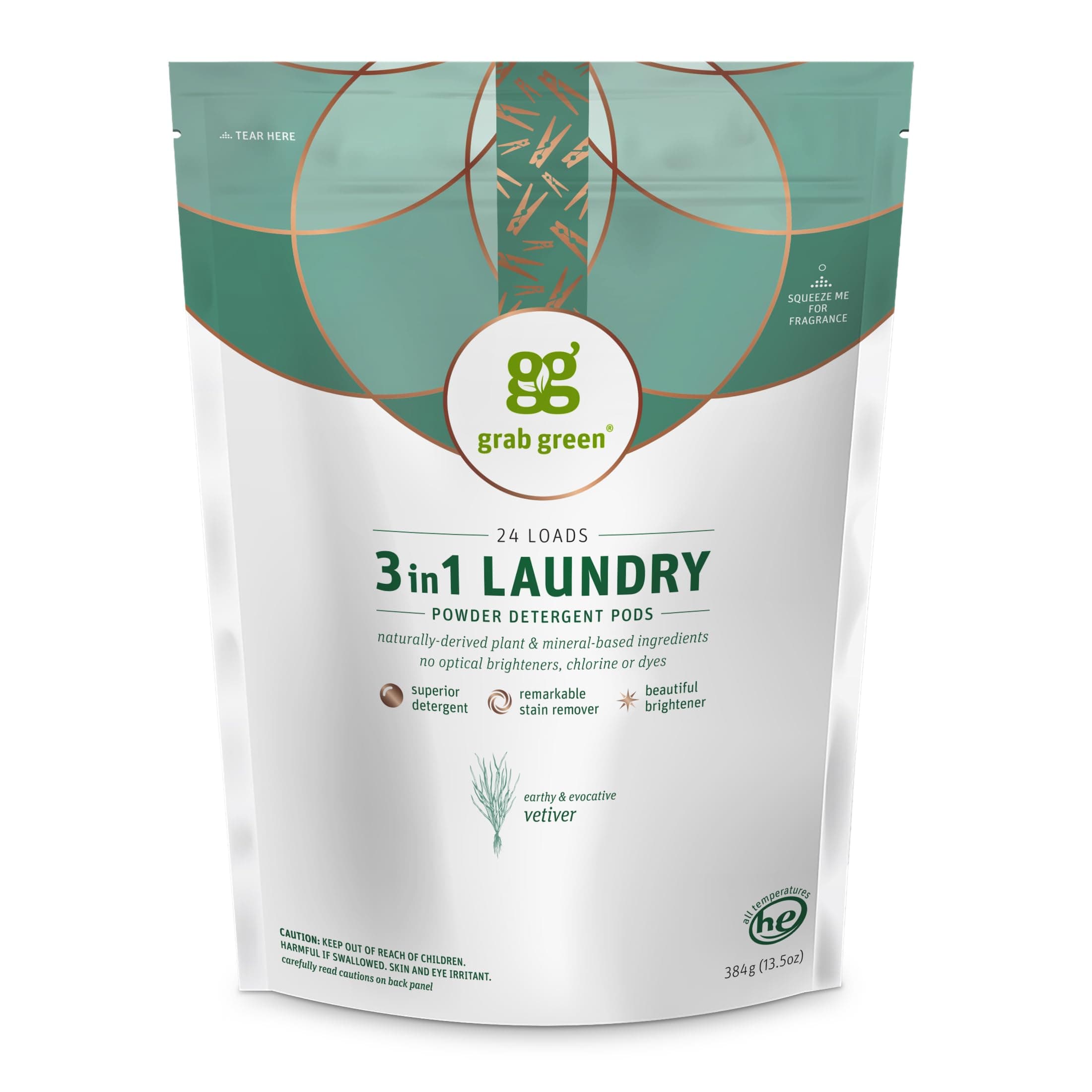 GrabGreen, 3-in-1 Laundry Detergent Pods, Vetiver, 24 Loads, 15.2 oz (432 g)