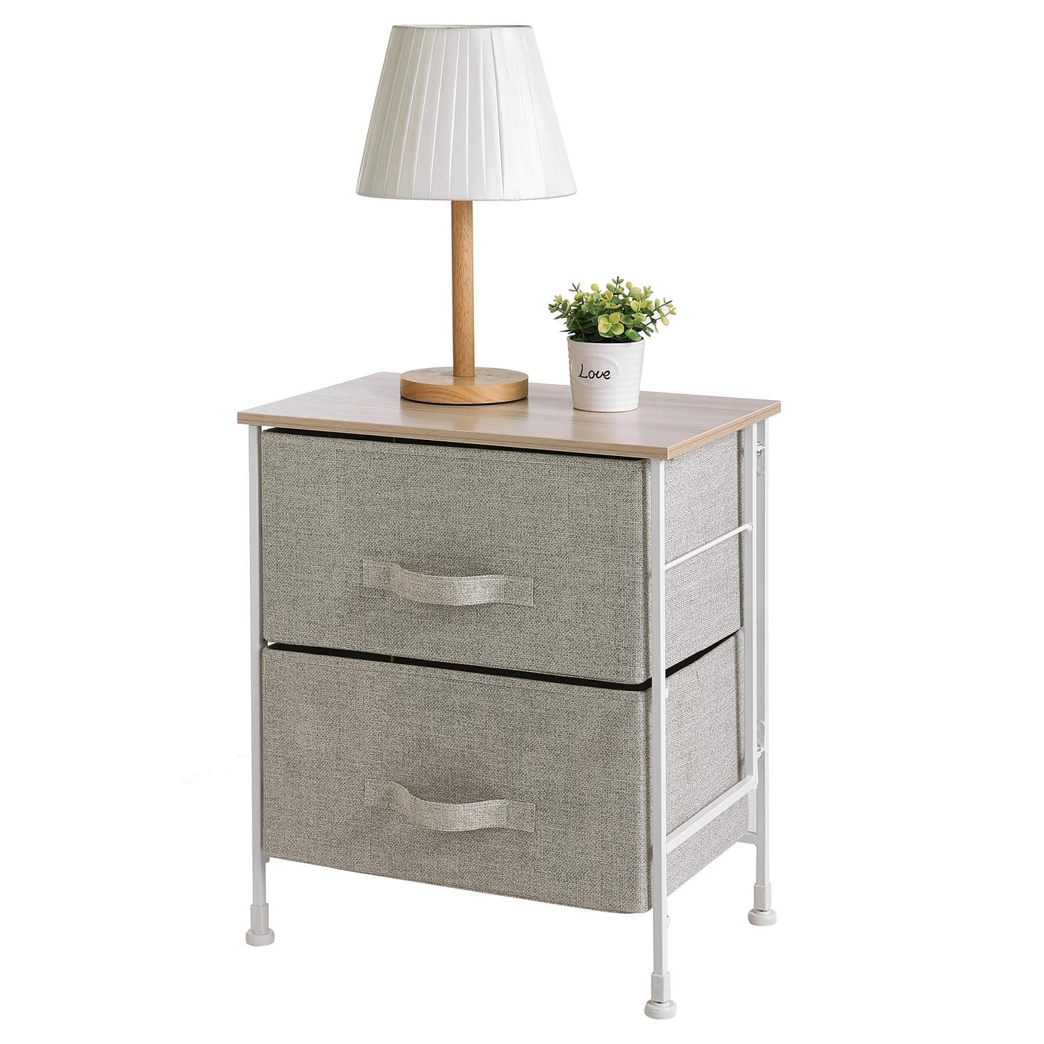 Leaf House Bedside Table with 2 Drawers-NO TOOLS REQUIRED for Assembly-Nightstand For Nursery, Living room, Closet, Bedroom, Bathroom, Kids Room-Beige-Linen