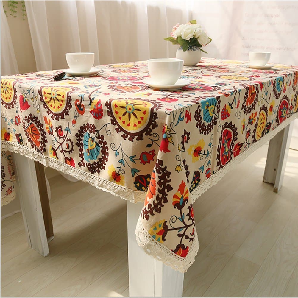 Lemon hour Table Cover, Rectangle Dining Room Modern Tablecloth with Cotton Linen Lace, Sun Flower Boho Style Dust-proof Table Cloth for Kitchen Living Party Decorative, 90 x 140 Cm/36 x 55 Inch