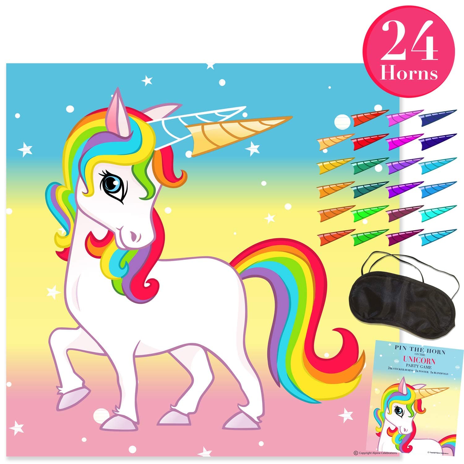 Pin The Horn on The Unicorn Party Game - Party Supplies for Kids Fun Rainbow Birthday (24 Stickers) - Buy as a Gift or Wall Decoration for Your Child