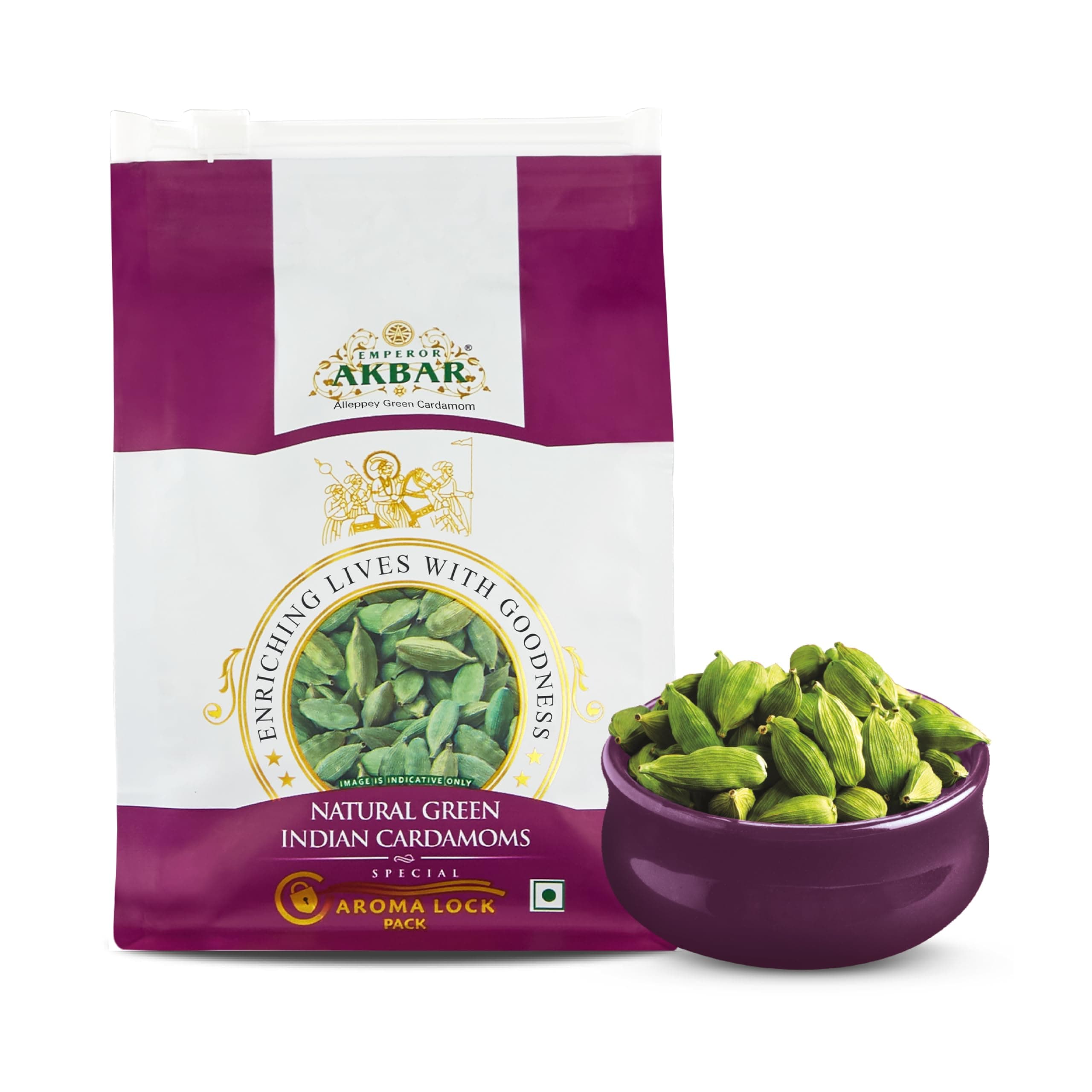 Emperor Akbar Cardamom (Elaichi)- 100g - Green Cardamom in Superior Aroma-lock Pack (Purple Grade - 8mm above)