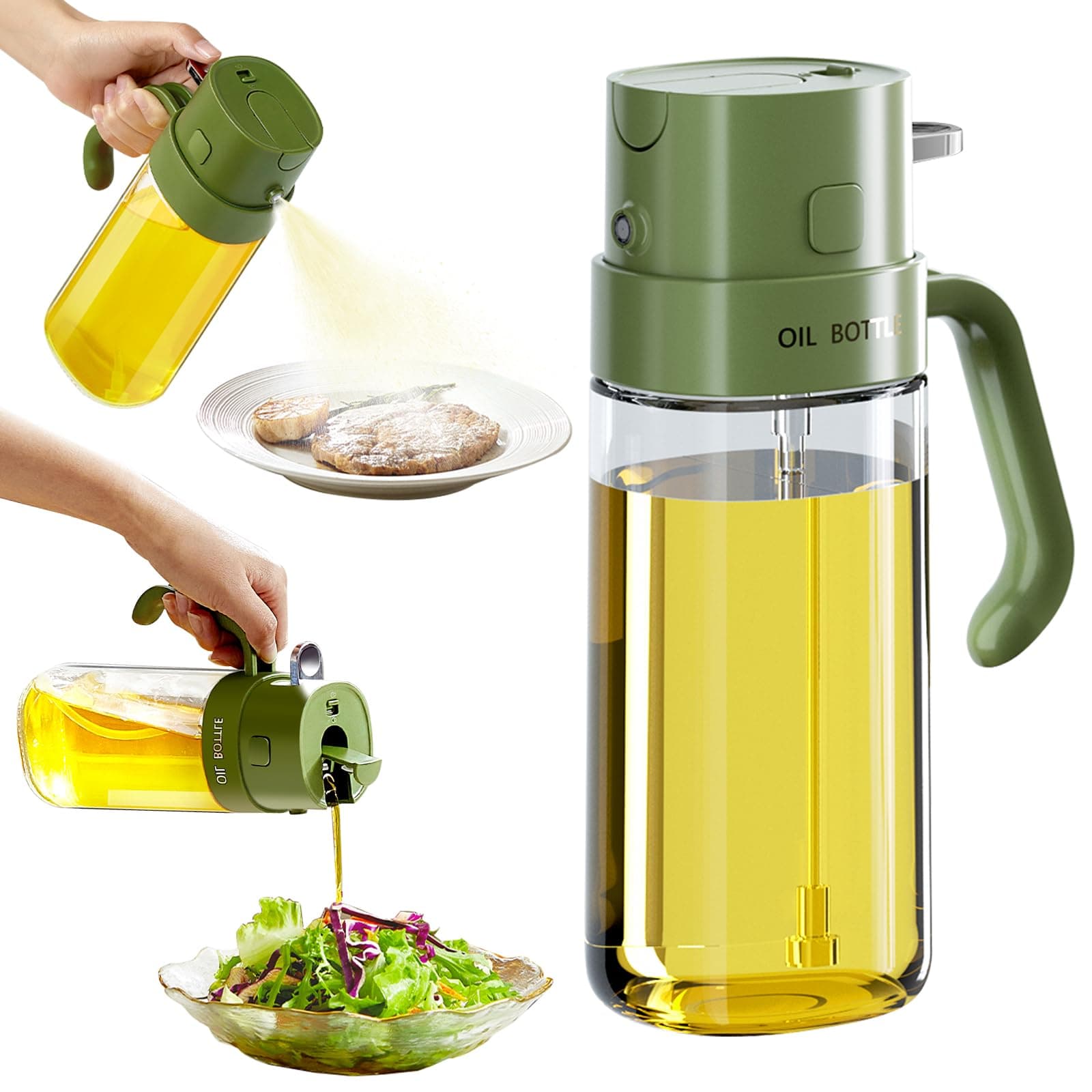 19OZ Oil Sprayer for Cooking, 2 in 1 Olive Oil Dispenser Bottle for Kitchen, 550ml Food-Grade Glass Bottle, Pourer & Oil Mister for Air Fryer, Salad, Frying, BBQ (Green)