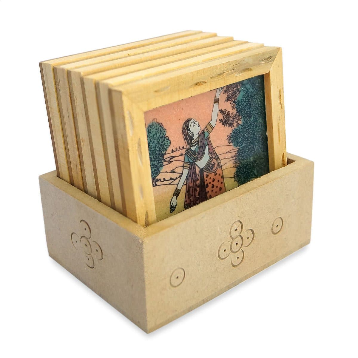 Wooden Round Tea Coasters Set of 6 in Antique Inspired Barrel Holder