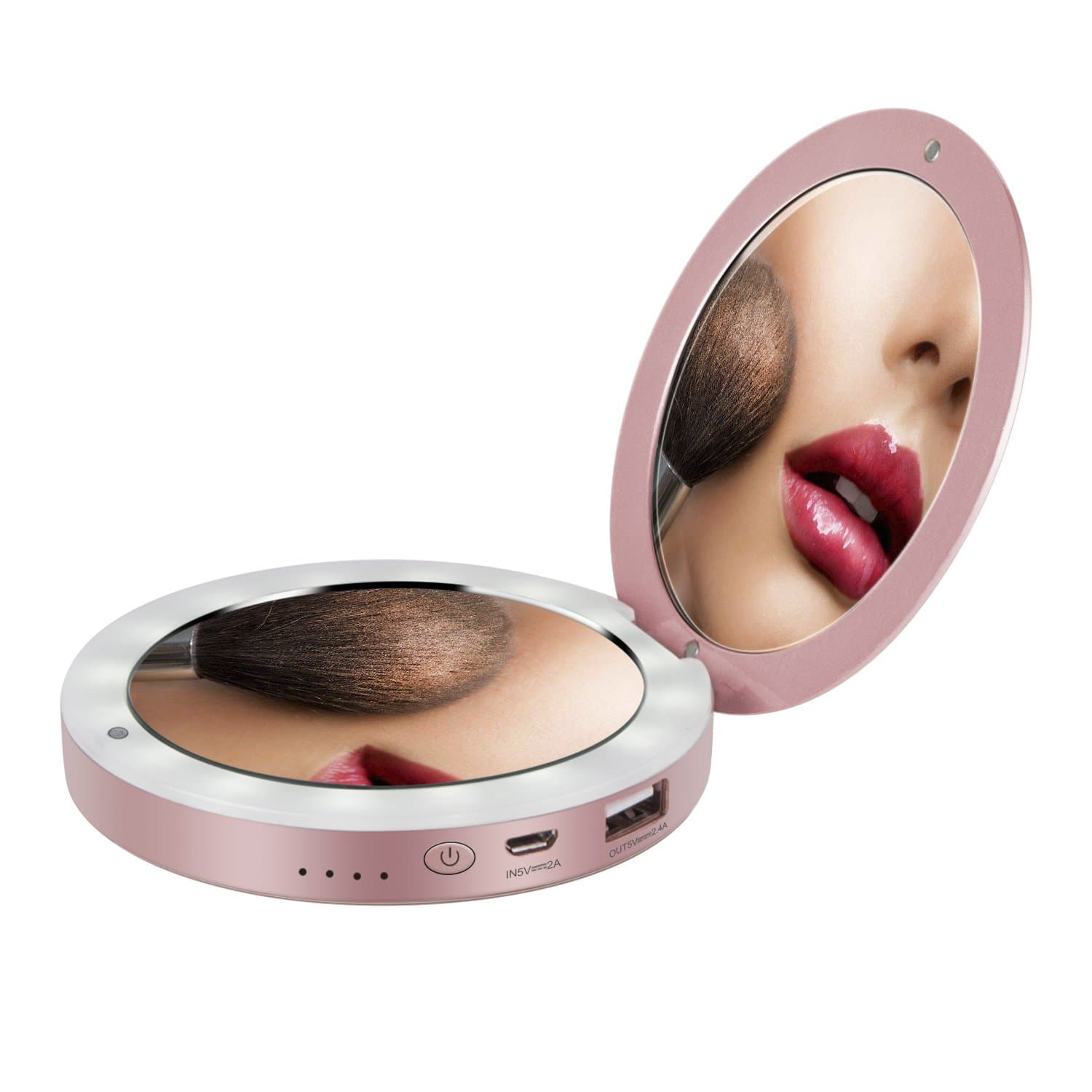 Shinngo 3000mAh Portable Charger Mirror Compact Vanity Mirror with Lights for Personal Handheld Makeup (Rose-Gold)