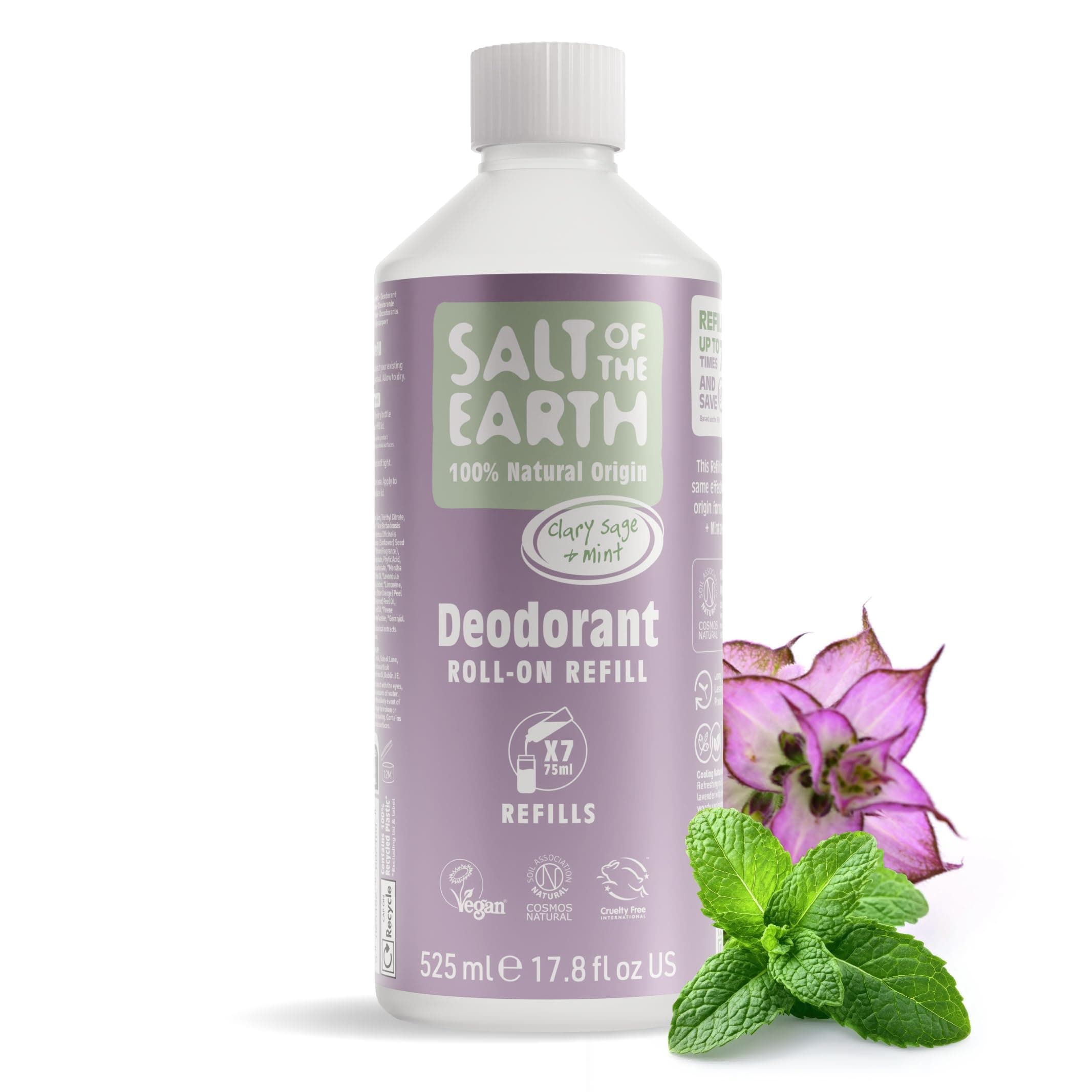 Salt of the Earth - Natural Deodorant Roll on Refill - x7 Uses - Clary Sage & Mint -100% Natural Origin Ingredients - Vegan - Suitable for Men, Women & Children - 525ml