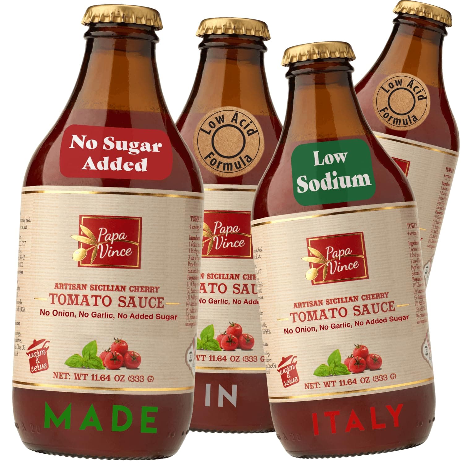 Papa Vince Pasta Tomato Sauce: Low Acid Garlic-Free Formula, Low Sodium, No Onion No Added Sugars. Non-GMO Gluten Free. Organic Cherry Tomatoes made in Sicily Italy. Small Batch. Exceptional Taste