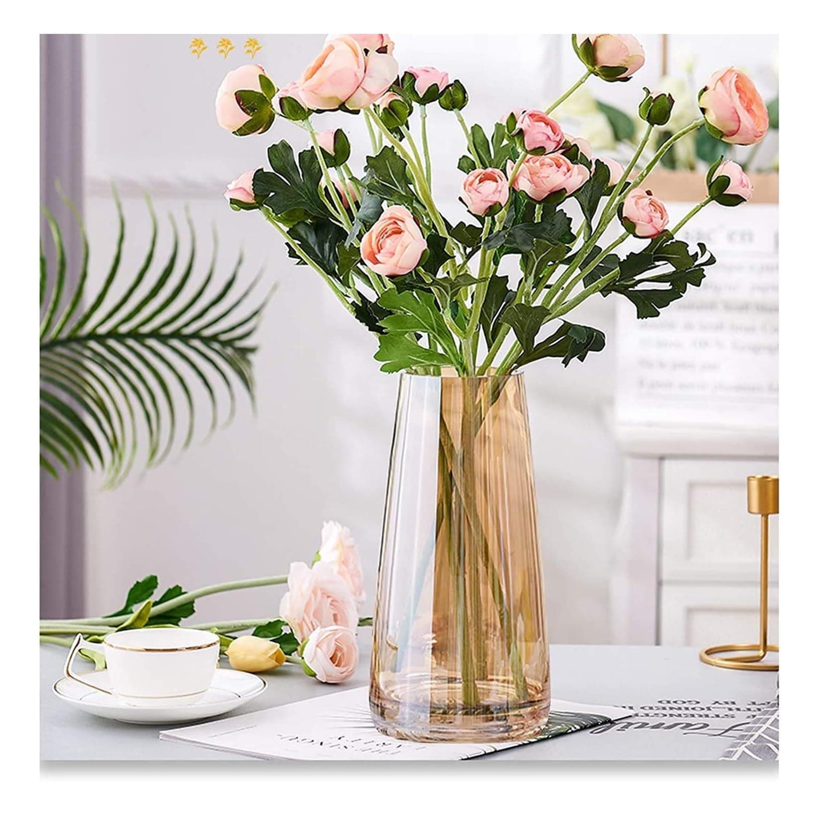 Decorative Glass Vase for Flowers Plants Home Decor Office Living Table Decorations, Vases for Home Decor, Luster Glass Vase,Modern - (Crystal Amber, Approx 9 Inches Height)