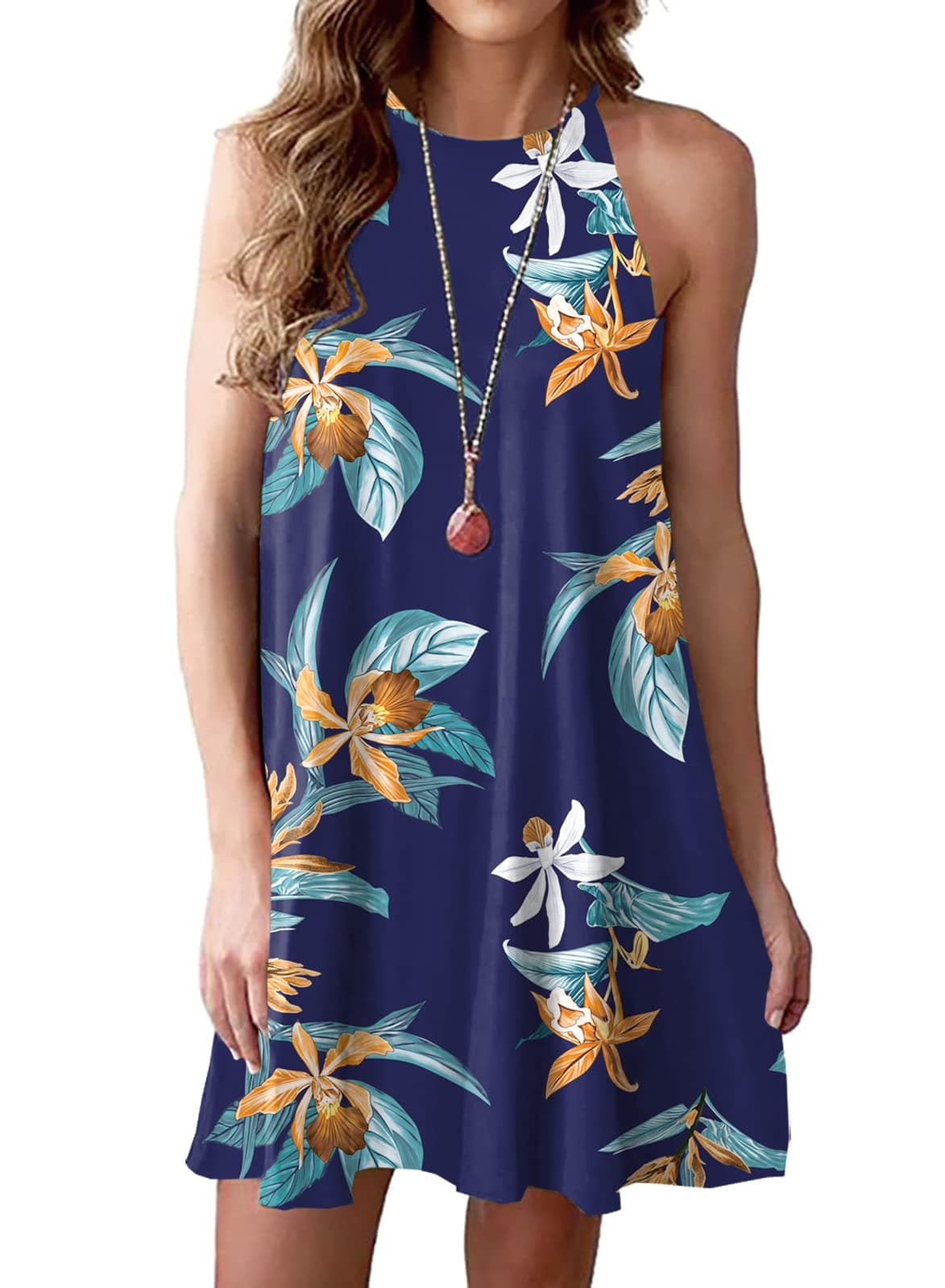 MITILLY Women's Halter Neck Boho Floral Print Loose Casual Sleeveless Short Dress