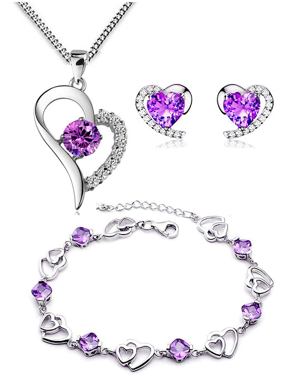 findoutLadies Silver White Crystal Heart Shape Set Earring and Pendant Necklace+Bracelet