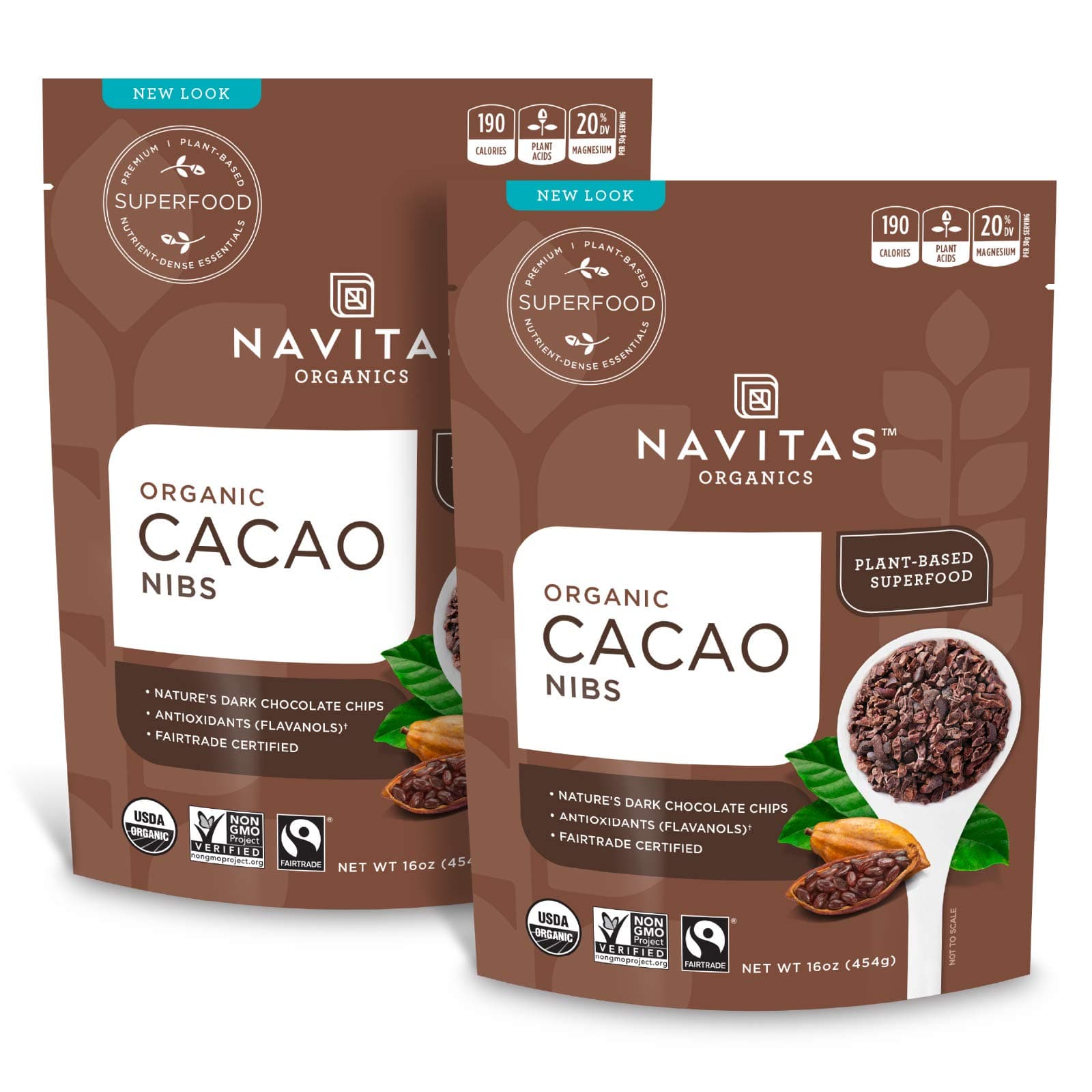 Navitas Organics Cacao Nibs – Unsweetened Dark Chocolate Crunch – Antioxidants, Minerals, Fiber – For Trail Mix, Baking & More – USDA Organic, Fairtrade, Non GMO, Gluten Free (16oz. Bag - 2 Pack)