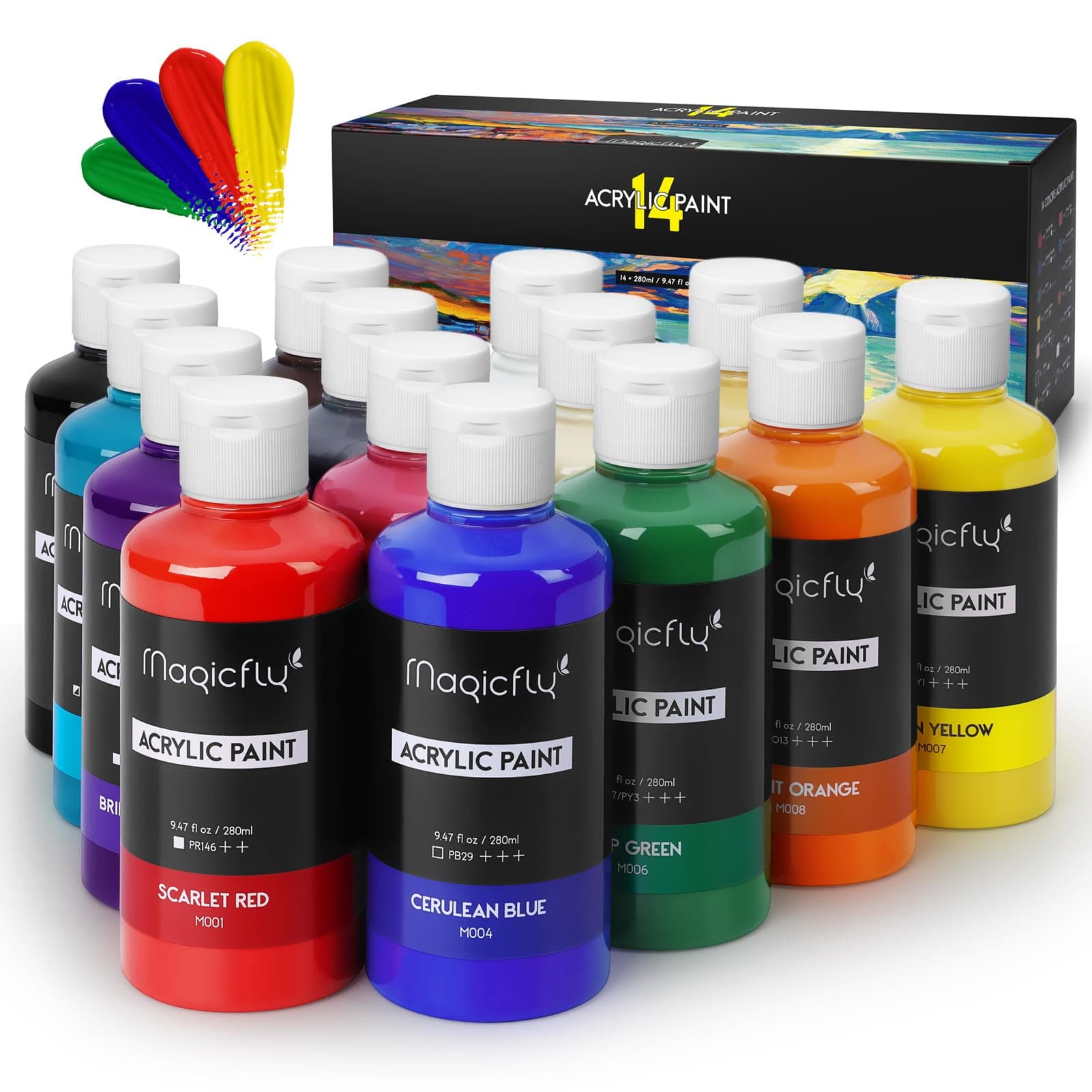 Magicfly Acrylic Paint Set, 14 Vibrant Colors (280ml / 9.47oz Each), Large Bulk Acrylic Paints for Artists & Beginners, Rich Pigment Craft Paint for Canvas, Wood, Ceramic, Fabric