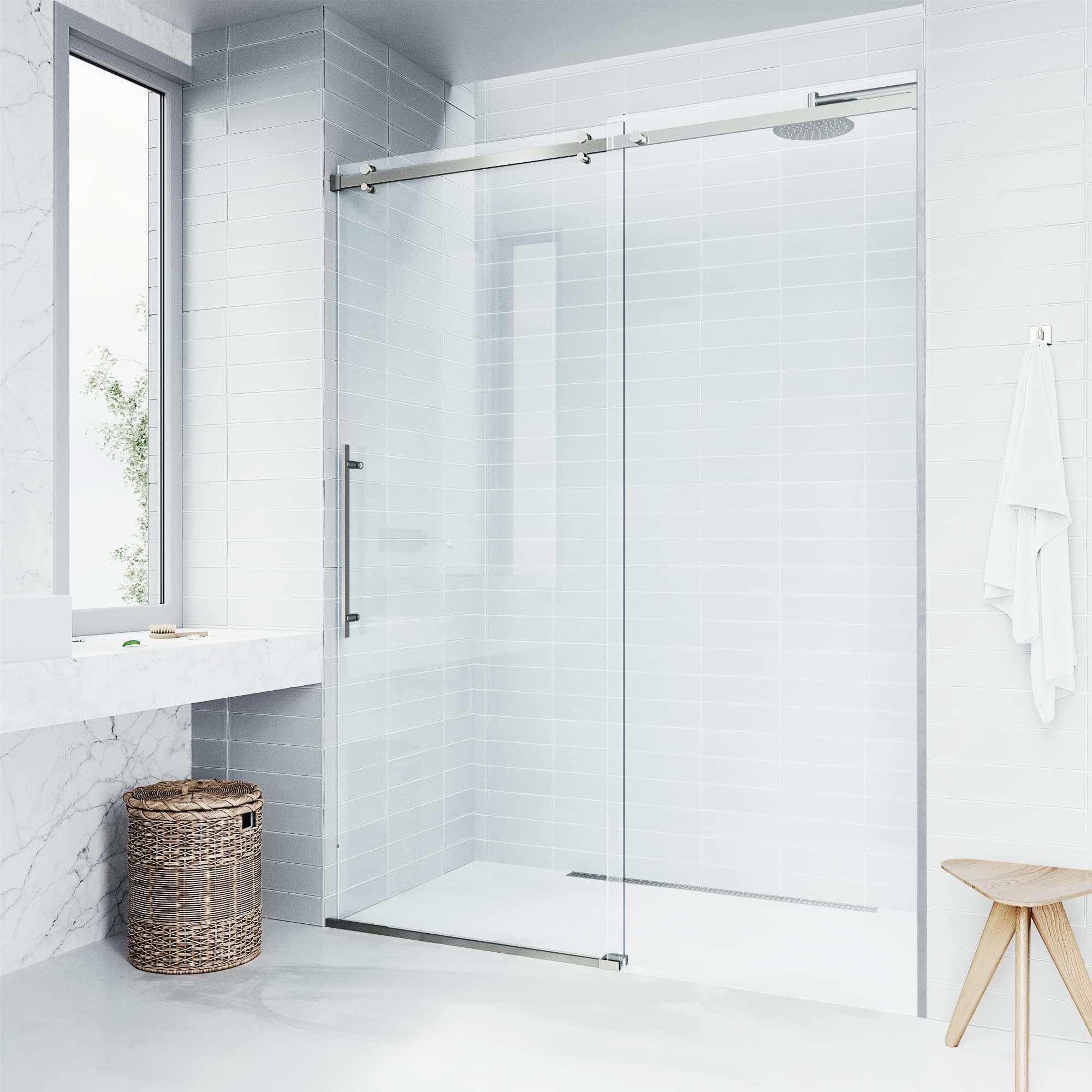VIGO Adjustable 56-60 in. W x 78.75 in. H Luca Frameless Sliding Rectangle Shower Door with Clear Tempered Glass and Stainless Steel Hardware in Stainless Steel Finish with Reversible Handle