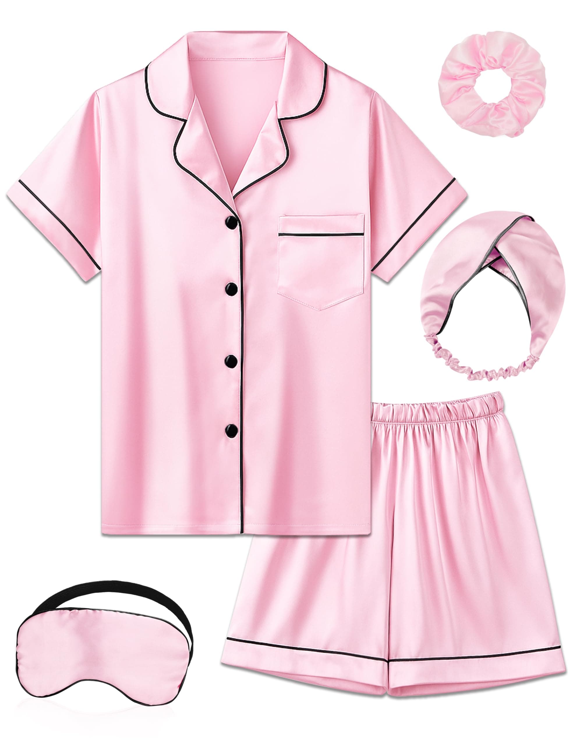 Kids Girl Pajama Set with Headband Blindfold Hair Tie Toddler Boy Girl Satin Silky Button-up Pajama Sleepwear