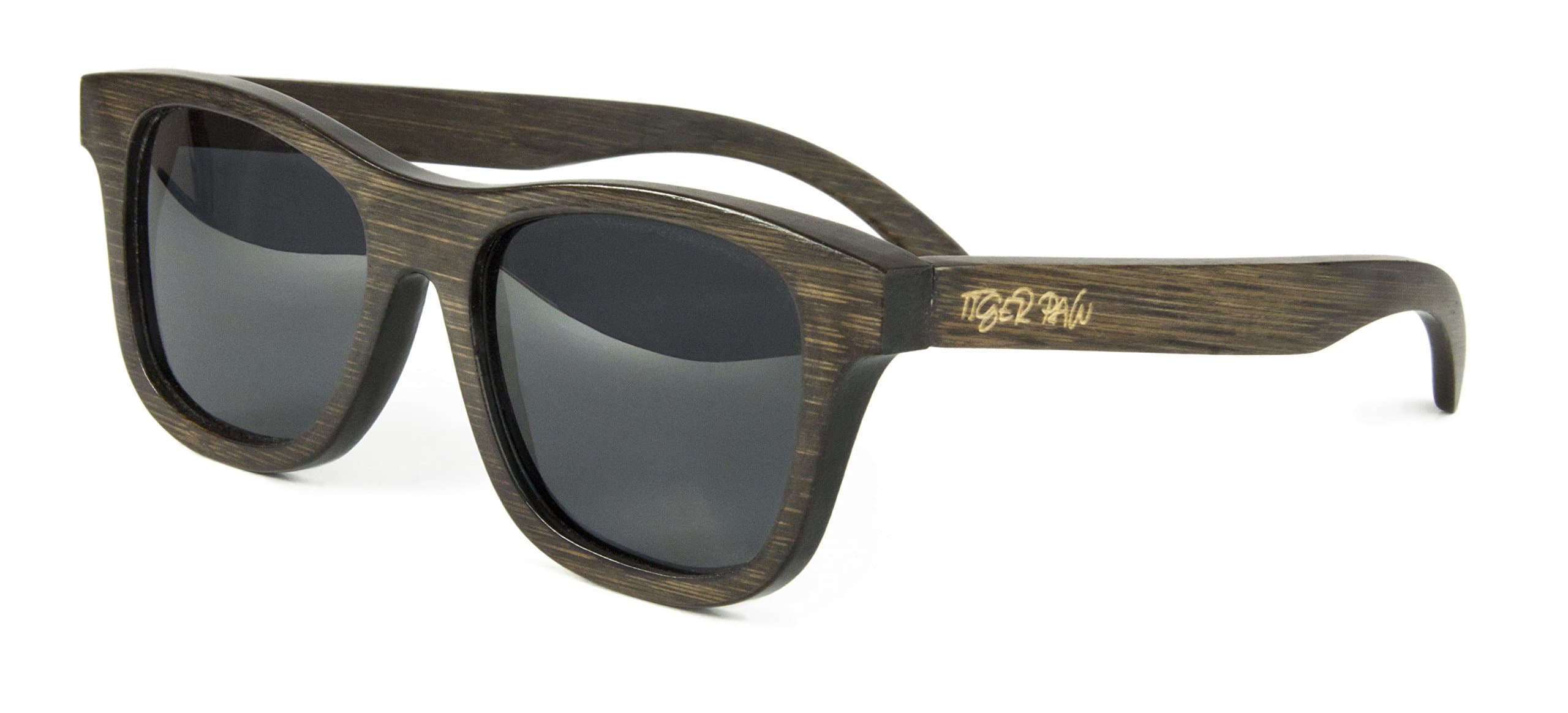 Tiger Paw - Wayfarer Bamboo Sunglasses for Men and Women, Polarized, UV400 Protection (Dark Brown, Black)