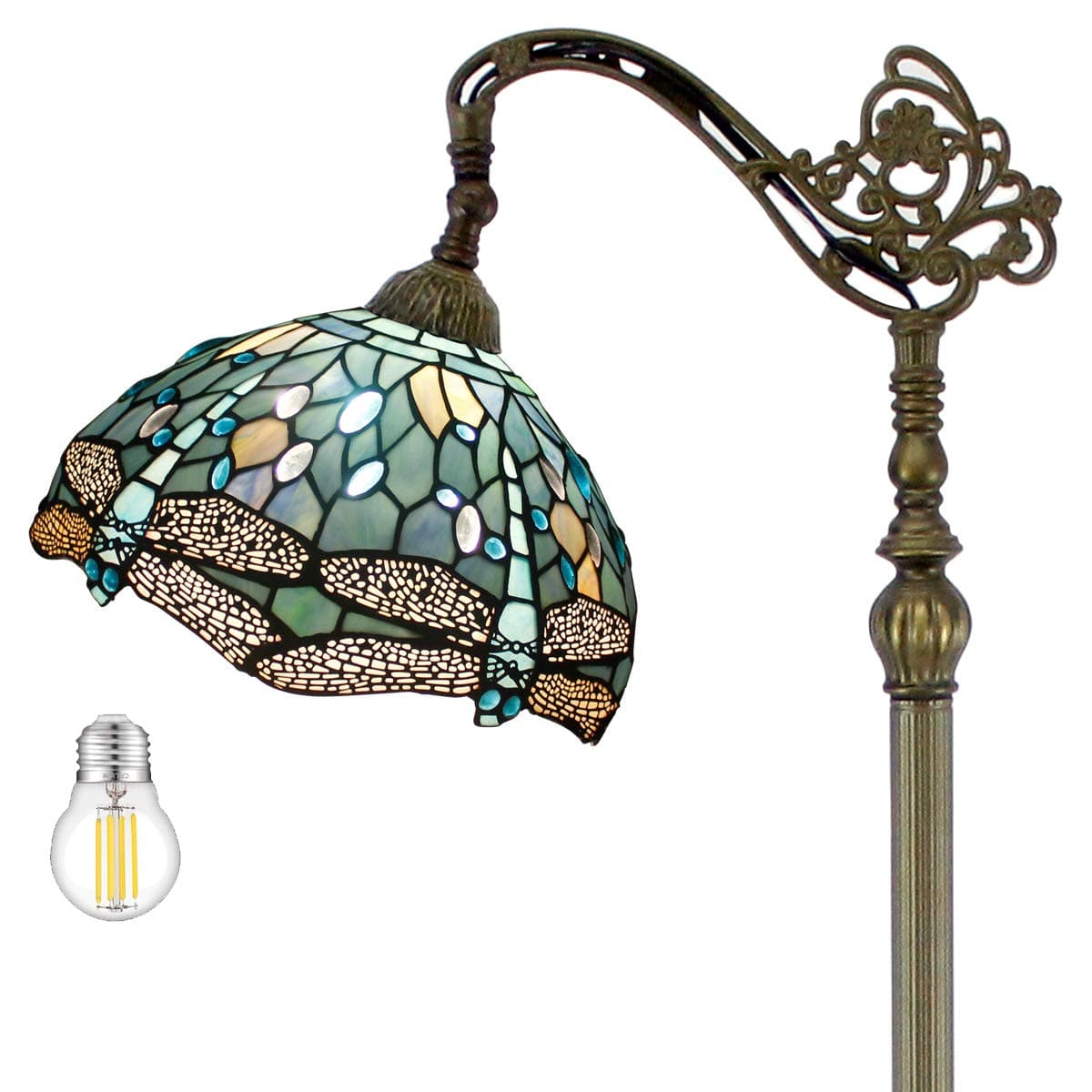 WERFACTORY Tiffany Style Reading Floor Lamp Sea Blue Stained Glass with Crystal Bead Dragonfly Lampshade in 64 Inch Tall Antique Arched Base for Bedroom Living Room Lighting S147 (6W Bulb)