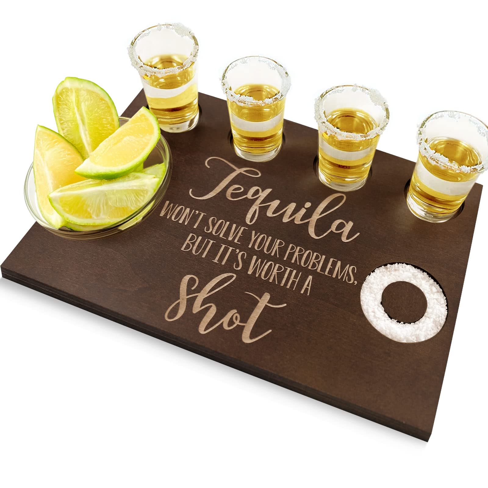 Huray Rayho Tequila Shot Board and Glass Holder Wooden Bar Tray with Salt Rim - For Liquor, Parties, Weddings, Housewarmings, Gifts