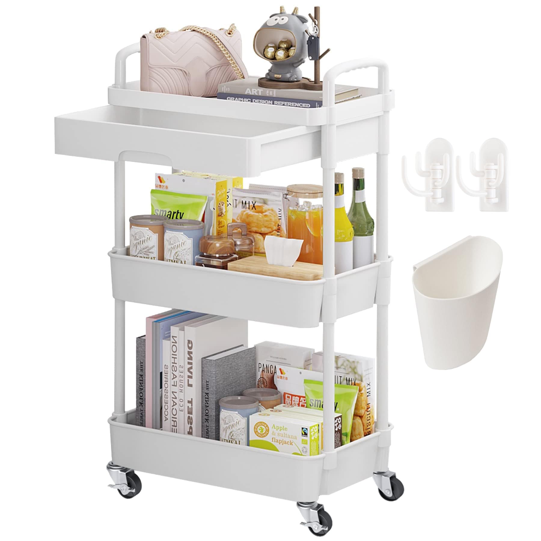 Beauty Trolley on Wheels 3 Tier Storage Trolley with Drawer Plastic Beauty Trolleys Rolling Utility Cart Craft Trolleys on Wheels for Home Kitchen Bathroom Laundry Office White