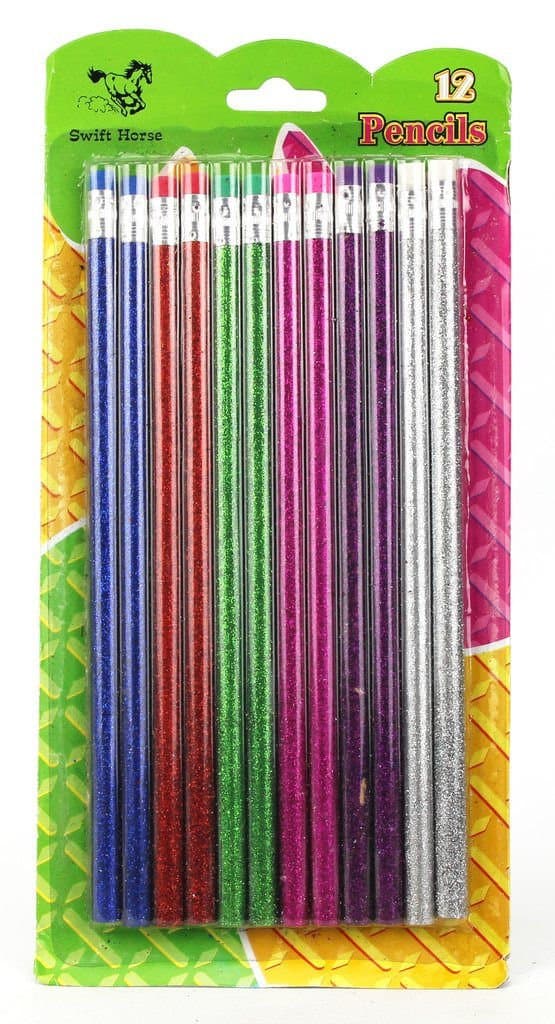 HKM 12 Glitter Pack Foil WRITING & DRAWING PENCILS with ERASER Tip -Home, School etc