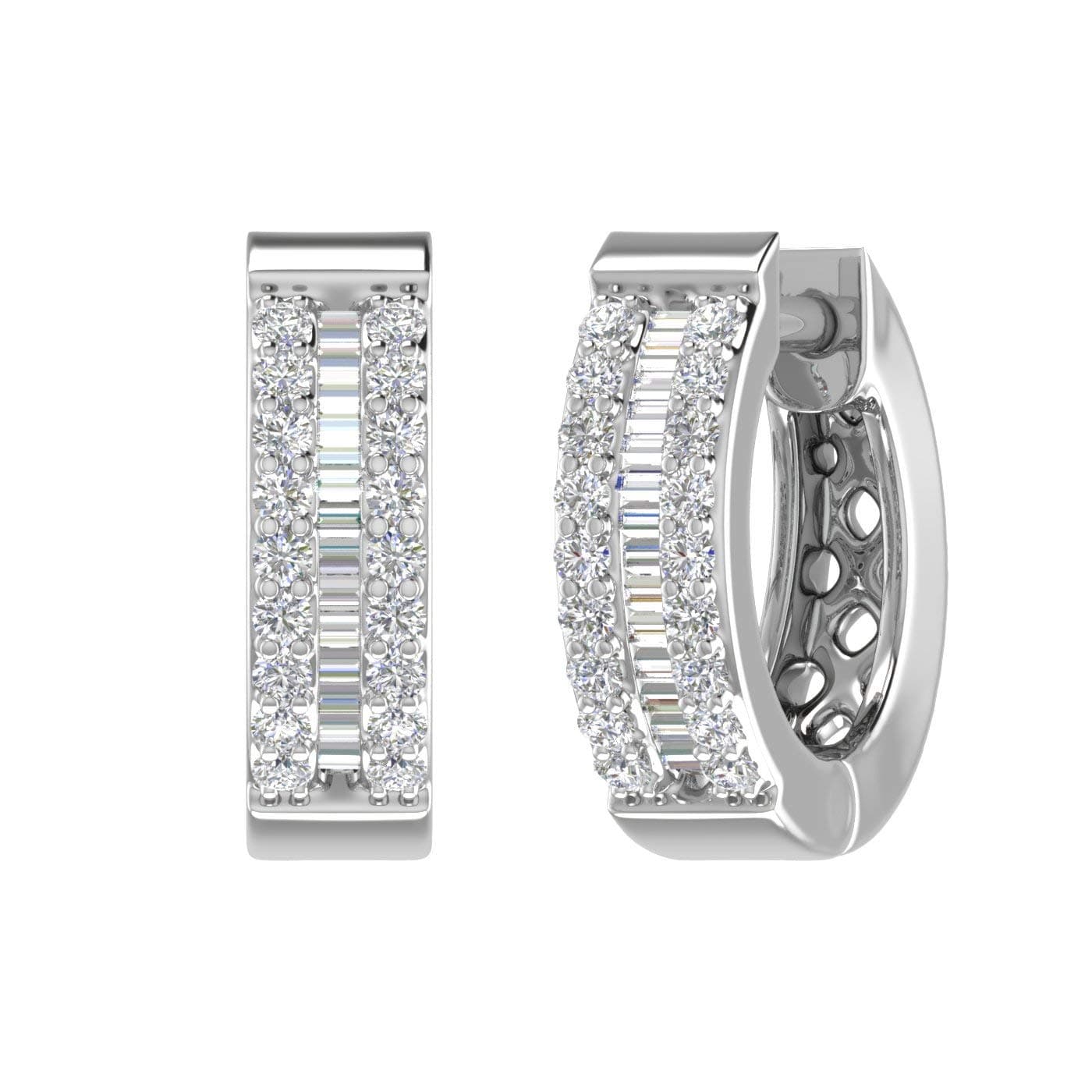 0.25 Carat Round & Baguette Cut Natural Diamond Huggie Hoop Earrings Avl in 10K Gold & 950 Platinum Channel Prong Setting