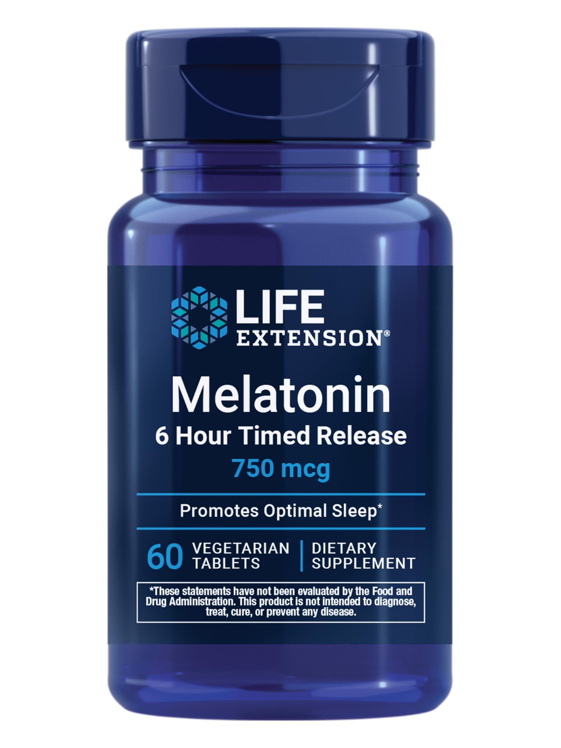 Life Extension Melatonin 6 Hour Timed Release, 750 mcg, Extended-Release Formula for Gentle Sleep Support, Healthy circadian Rhythms, Cellular Defense, Gluten-Free, Non-GMO, Vegetarian, 60 Tablets