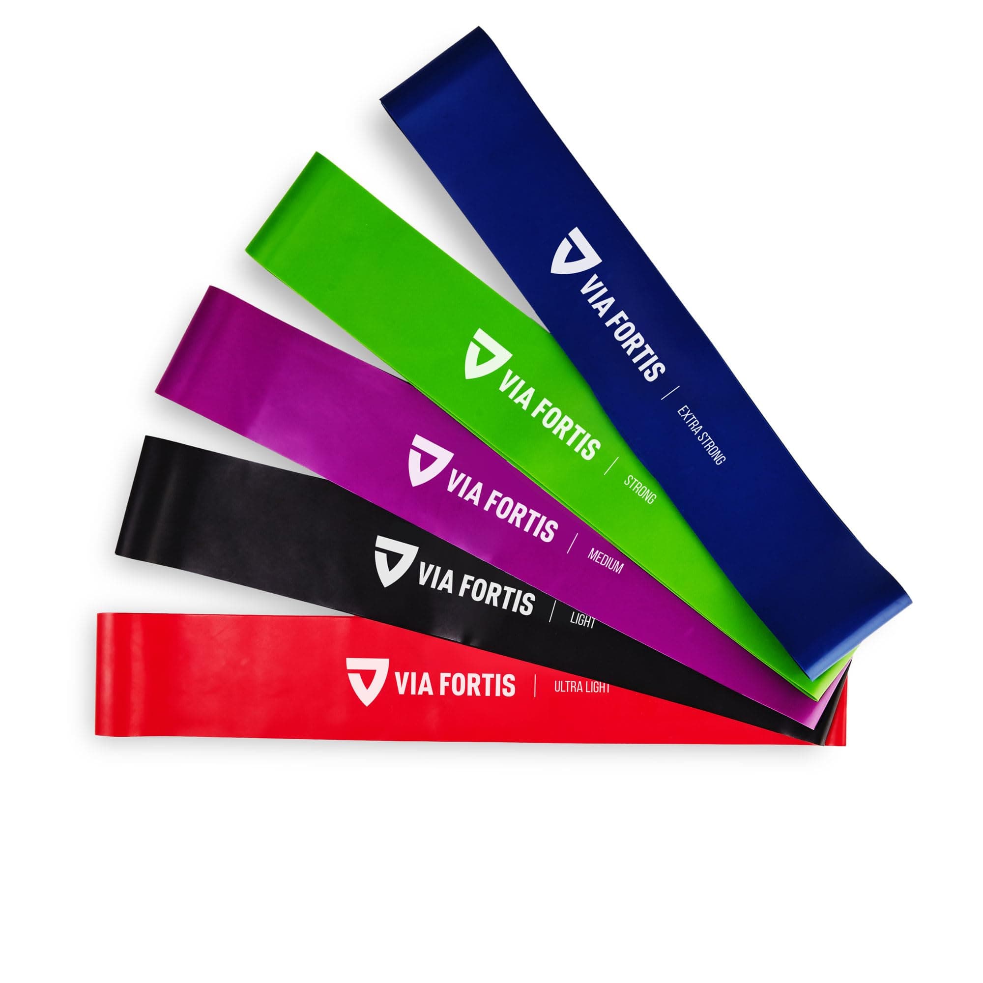 VIA FORTIS Resistance Band Set (x5) Robust Exercise Rubber Bands for Training, Home and Gym Workout, Calisthenics, Fitness, Stretching, Yoga and Pilates | 5 Resistance Levels | Carry Bag Included