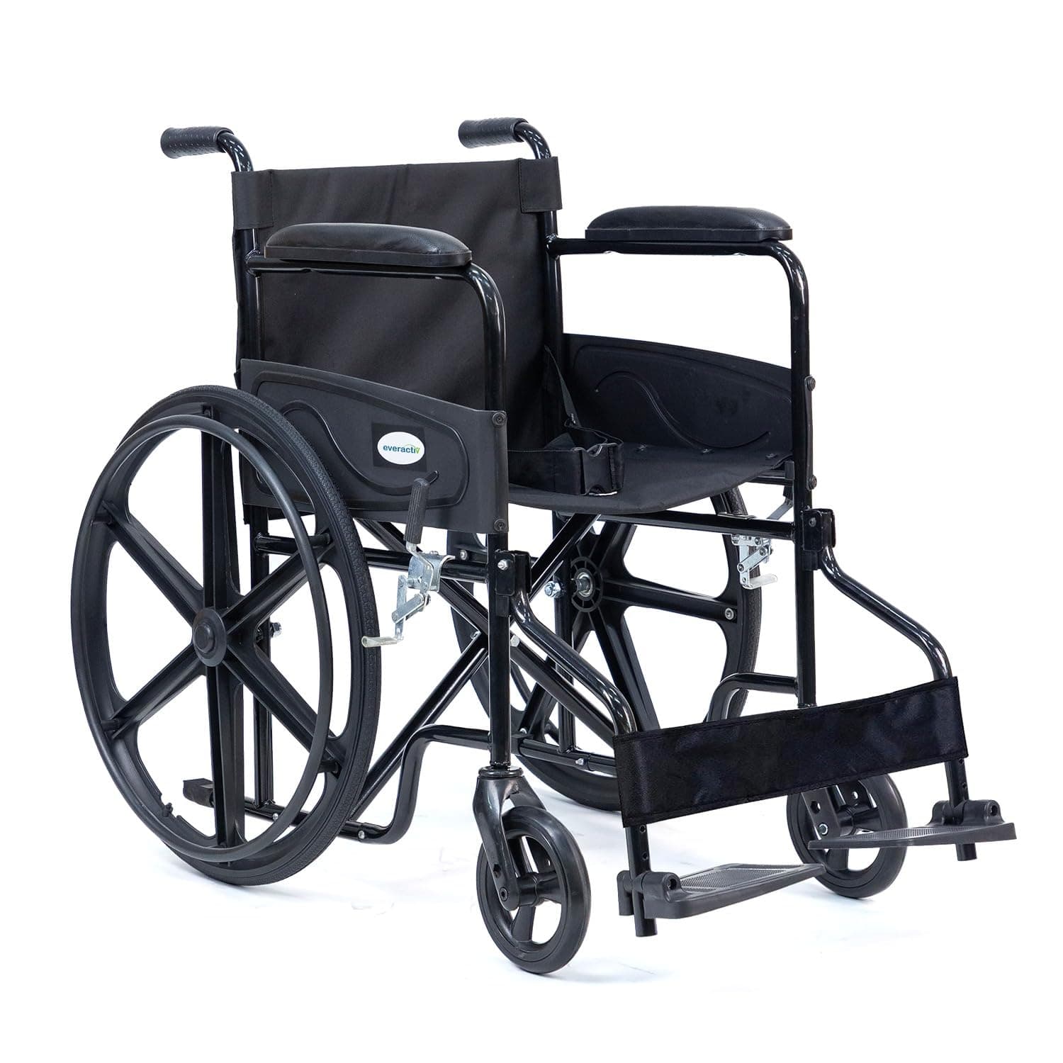 EverActiv Economy Foldable Wheelchair for Old People & Patients comes with 1-Year Warranty | Heavy-Duty Carbon Steel Frame with strong Crossbar support | Extra-Wide 50 cm padded Seat | 120 kg Capacity | Safety Belt & Hand Brakes | Black