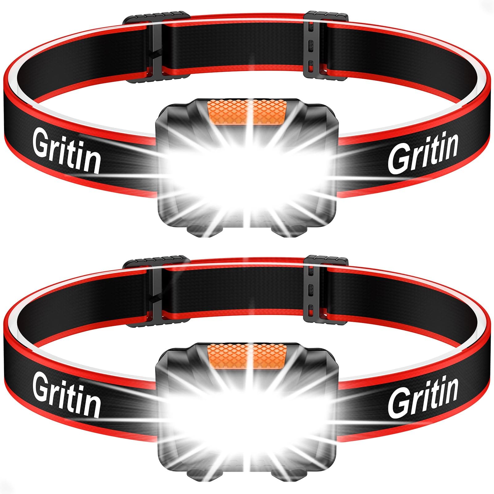Gritin LED Head Torch, [2 Pack] Super Bright Headlamp Headlight with 3 Modes, Waterproof, Battery Powered LED Lightweight for Camping, Outdoors, Emergency, Running [6 AAA Batteries Included]