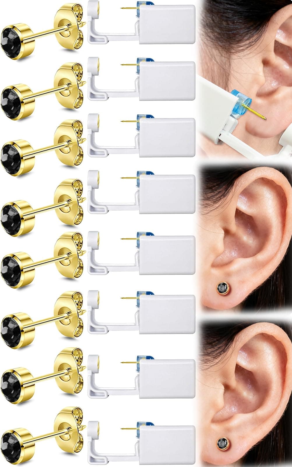Get the Perfect Ear Piercing with 24 Pcs Premium Ear Piercing Kit - Includes 8 Black CZ Stones Earrings and 8 Easy-to-Use Self Ear Piercing Gun - Safe and Painless